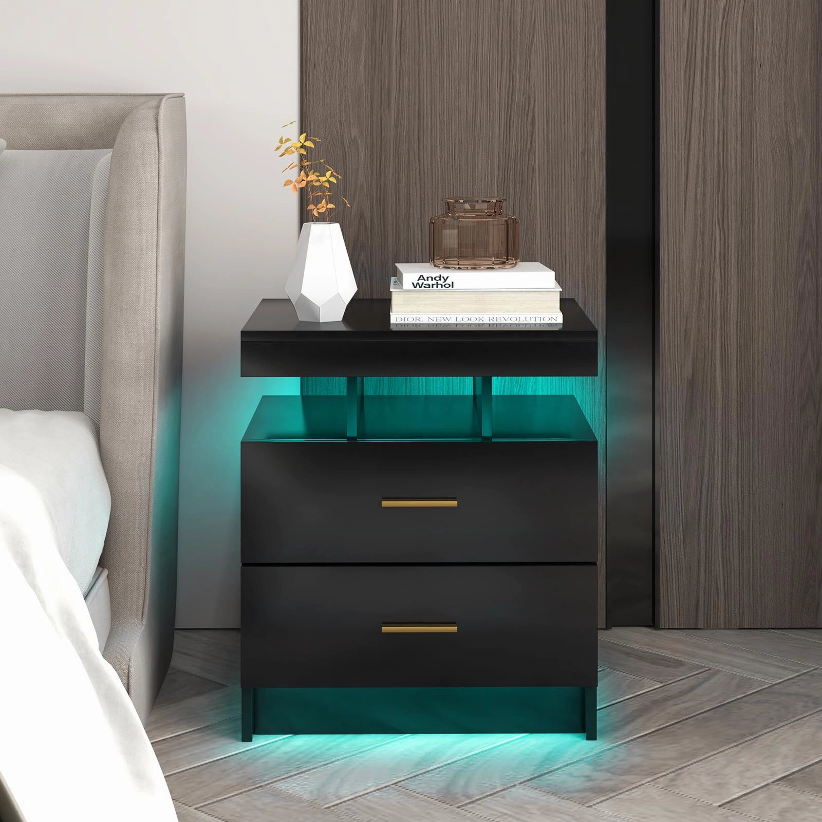 Giantex LED Nightstand, Modern Black Bedside Tables with 2 Storage Drawers
