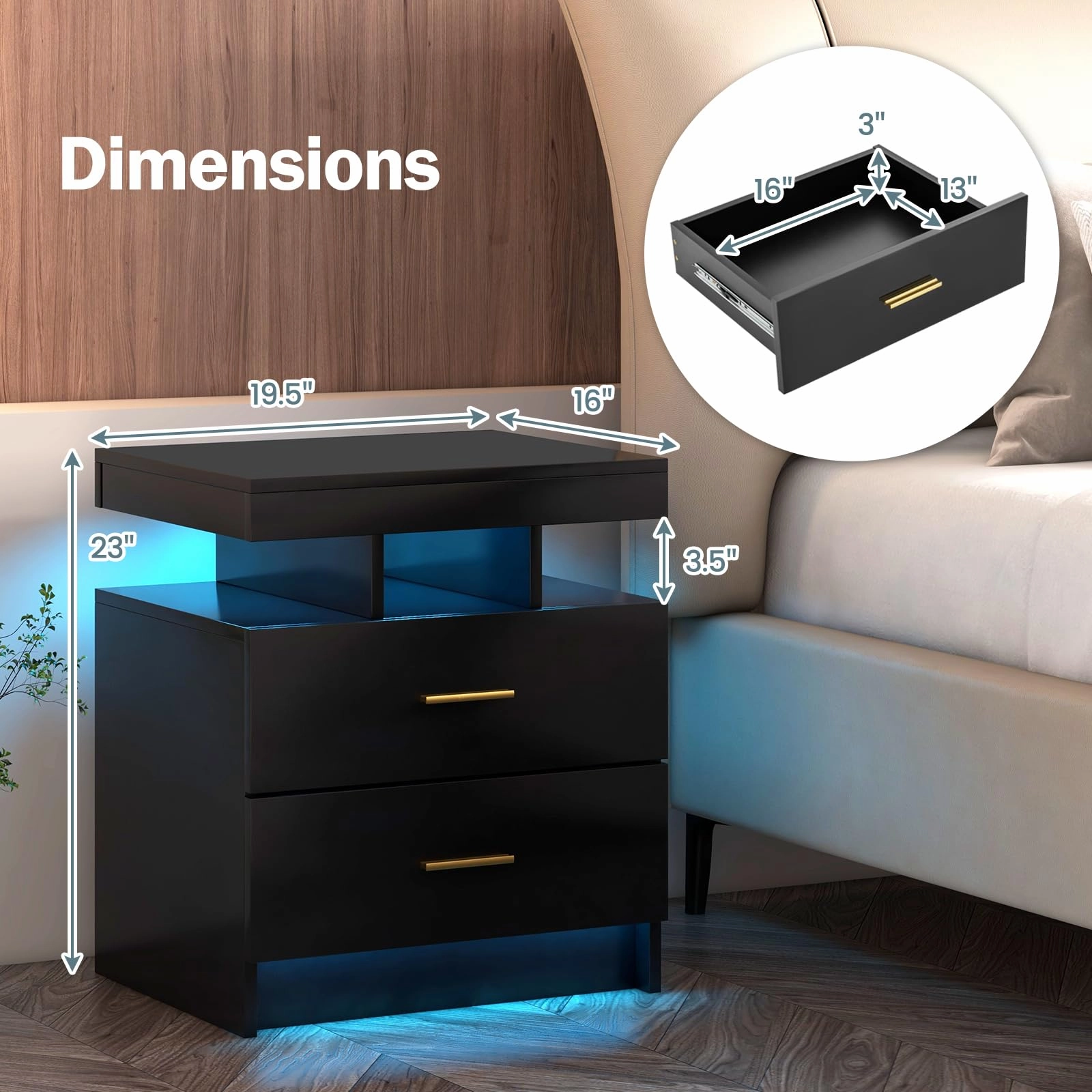 Giantex LED Nightstand, Modern Black Bedside Tables with 2 Storage Drawers