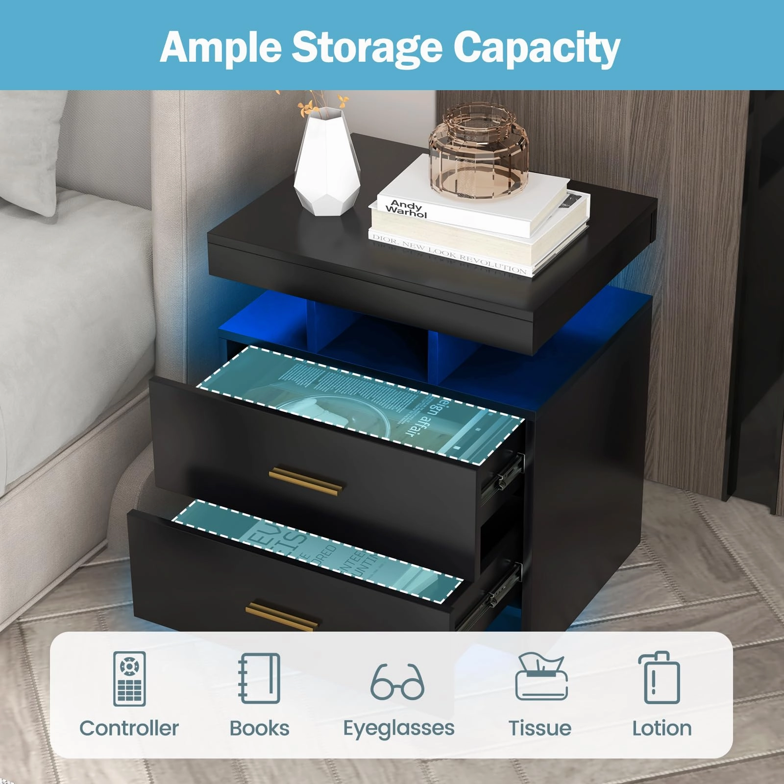 Giantex LED Nightstand, Modern Black Bedside Tables with 2 Storage Drawers