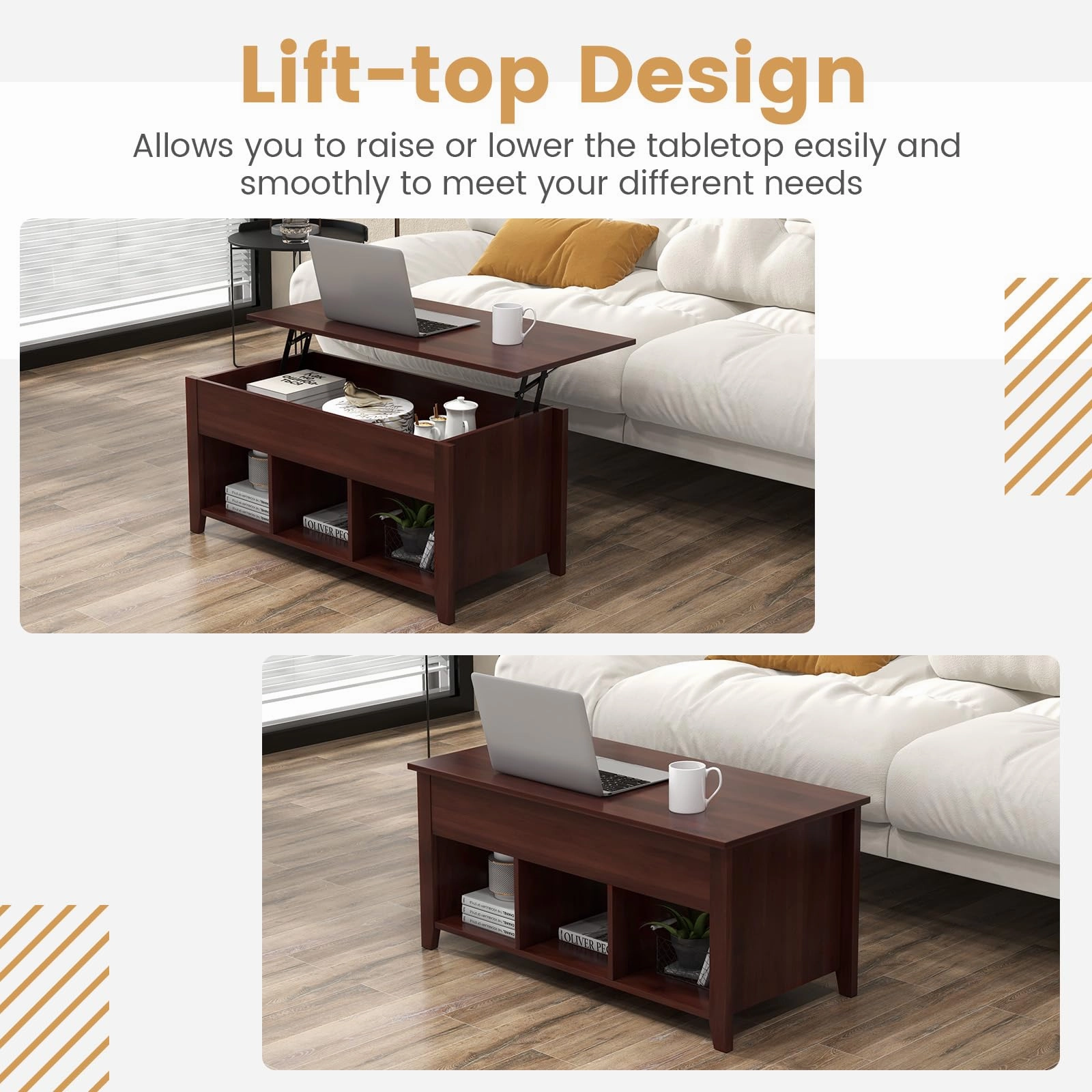 Giantex Lift Top Coffee Table - Rectangular Wooden Table w/Hidden Compartment & Open Storage Shelves