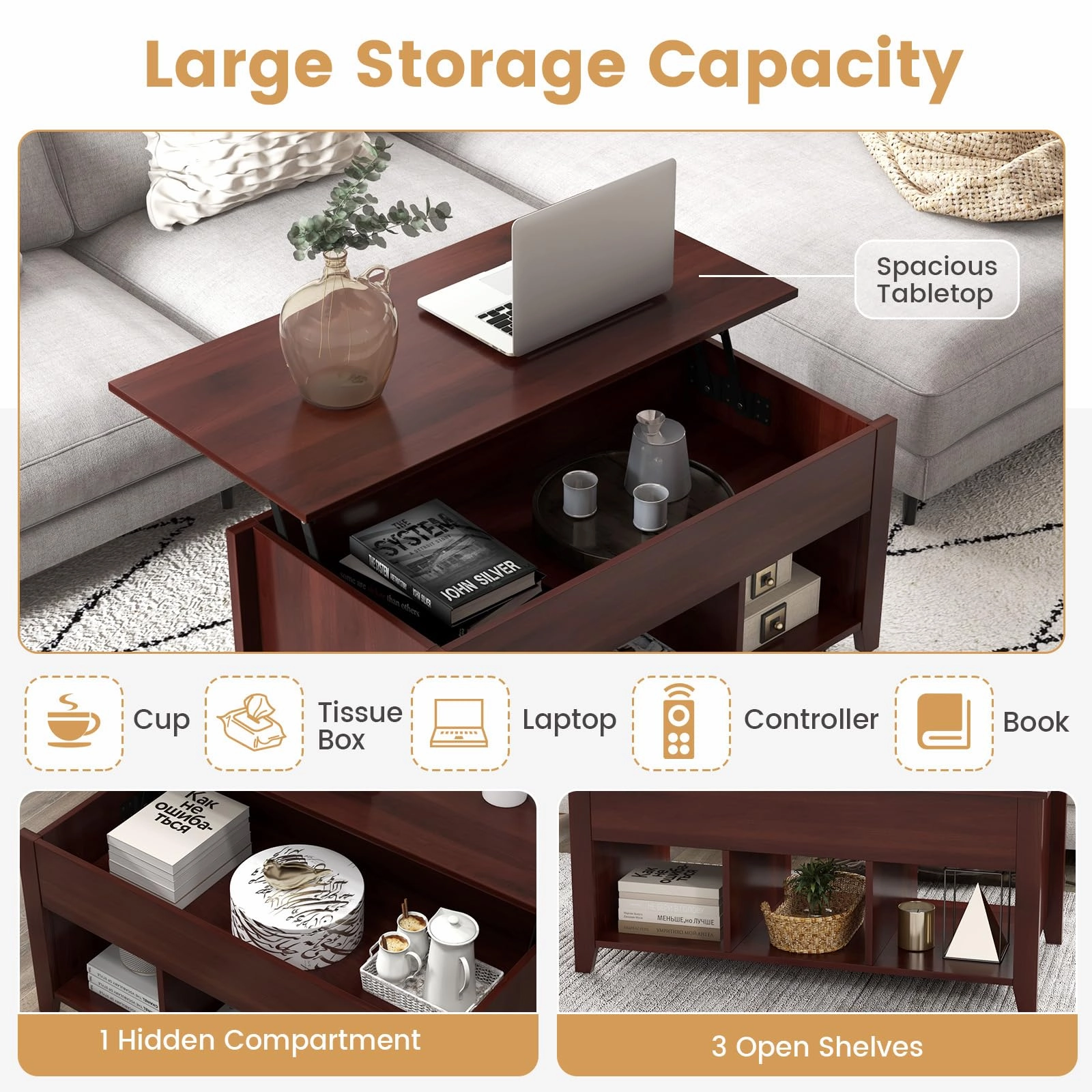 Giantex Lift Top Coffee Table - Rectangular Wooden Table w/Hidden Compartment & Open Storage Shelves