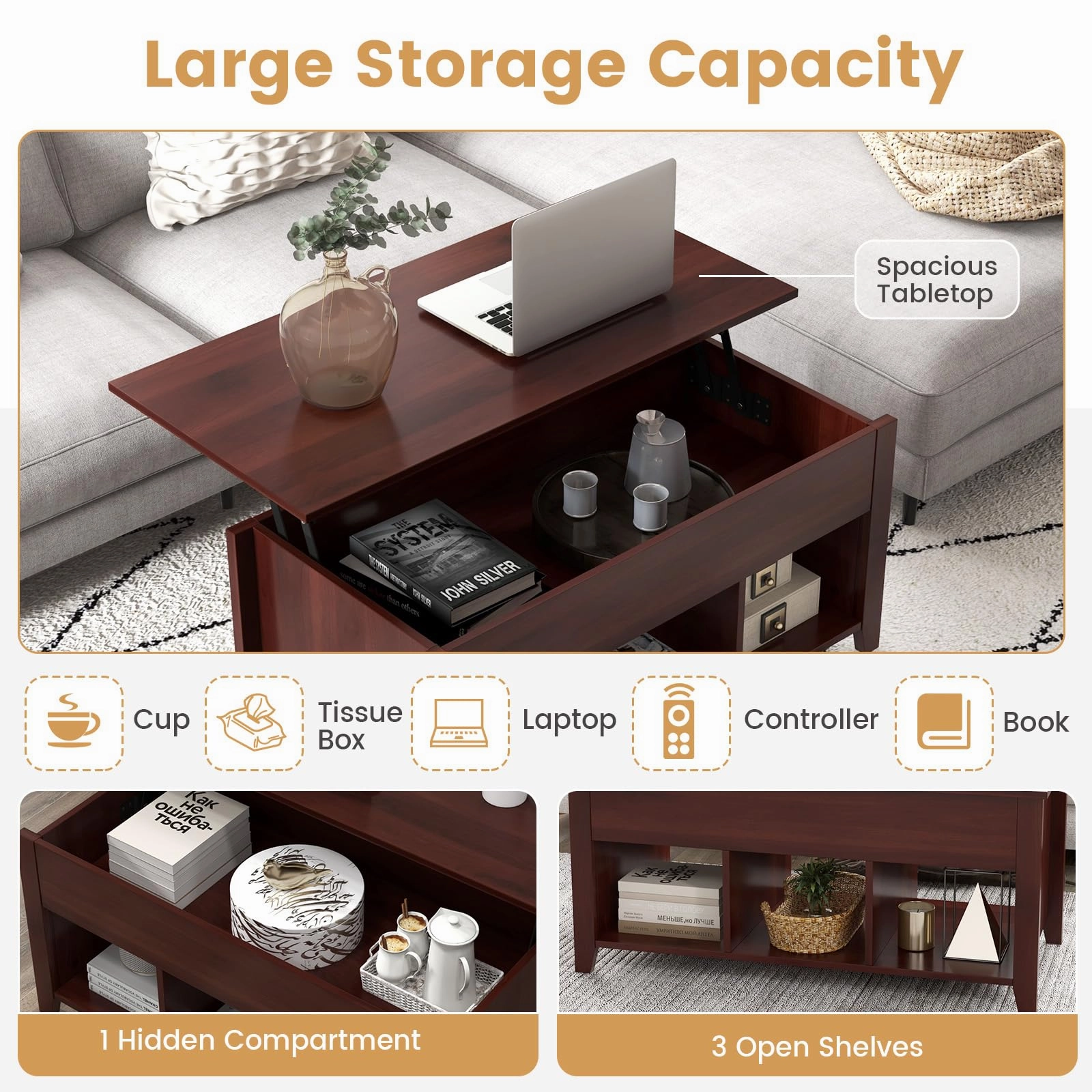 Giantex Lift Top Coffee Table - Rectangular Wooden Table w/Hidden Compartment & Open Storage Shelves