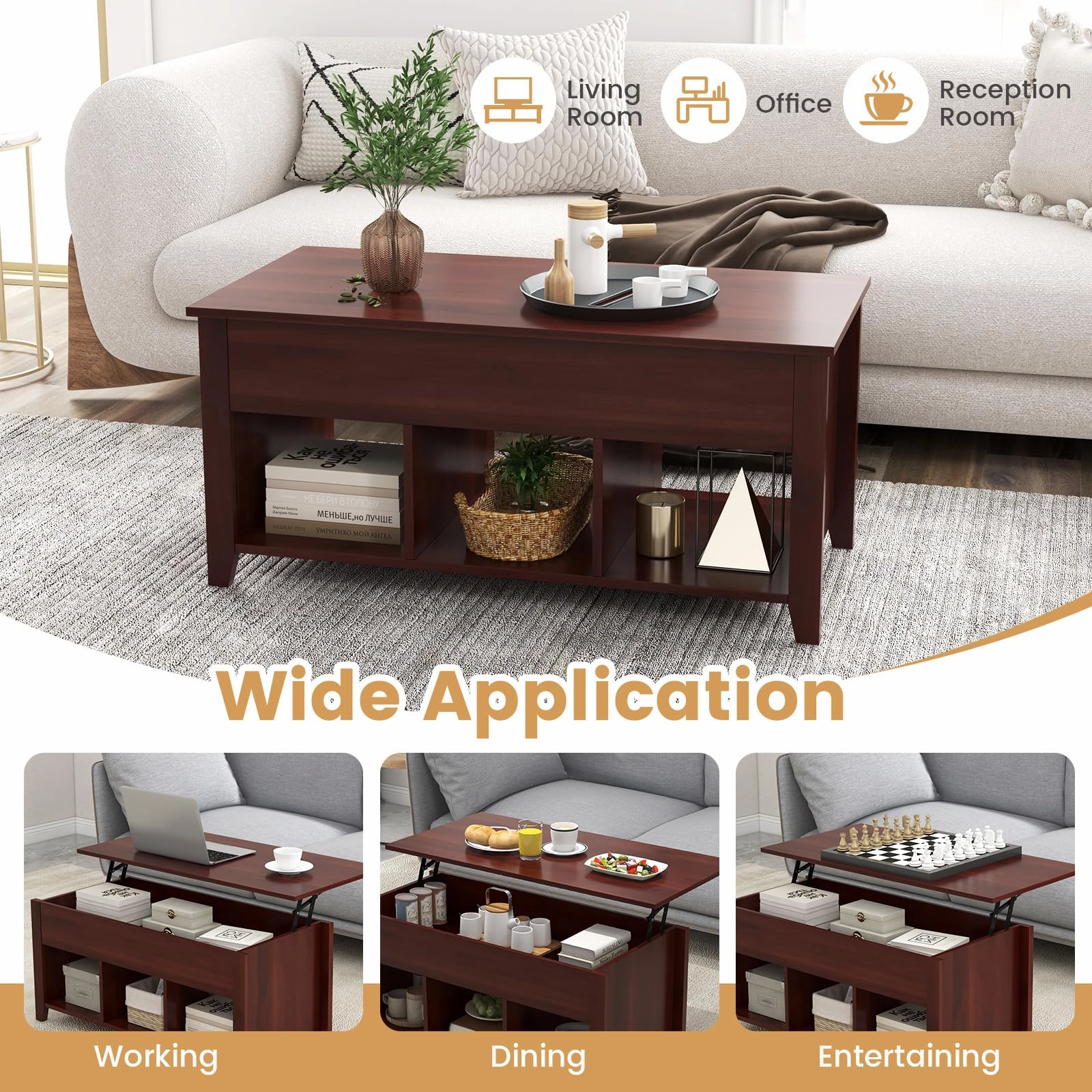 Giantex Lift Top Coffee Table - Rectangular Wooden Table w/Hidden Compartment & Open Storage Shelves