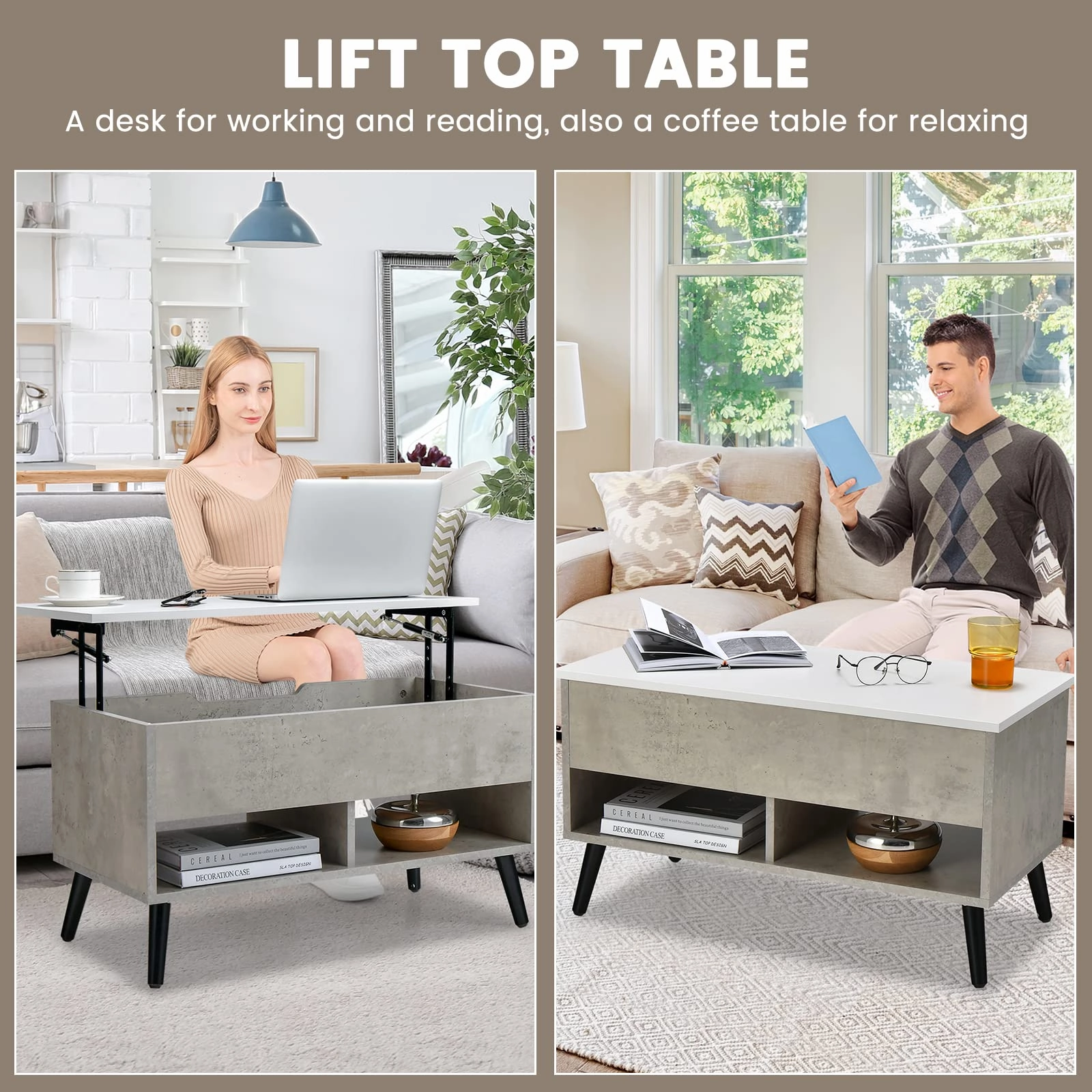 Giantex Lift Top Coffee Table, Modern Cocktail Table w/Hidden Compartment & 2 Open Shelves