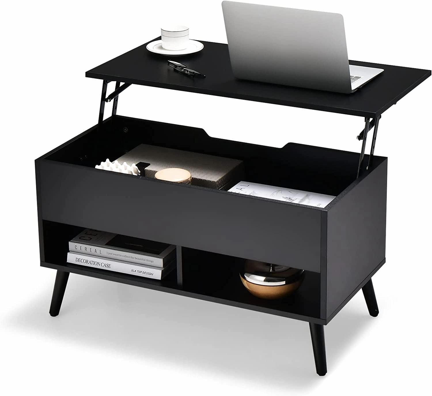 Giantex Lift Top Coffee Table, Modern Cocktail Table w/Hidden Compartment & 2 Open Shelves