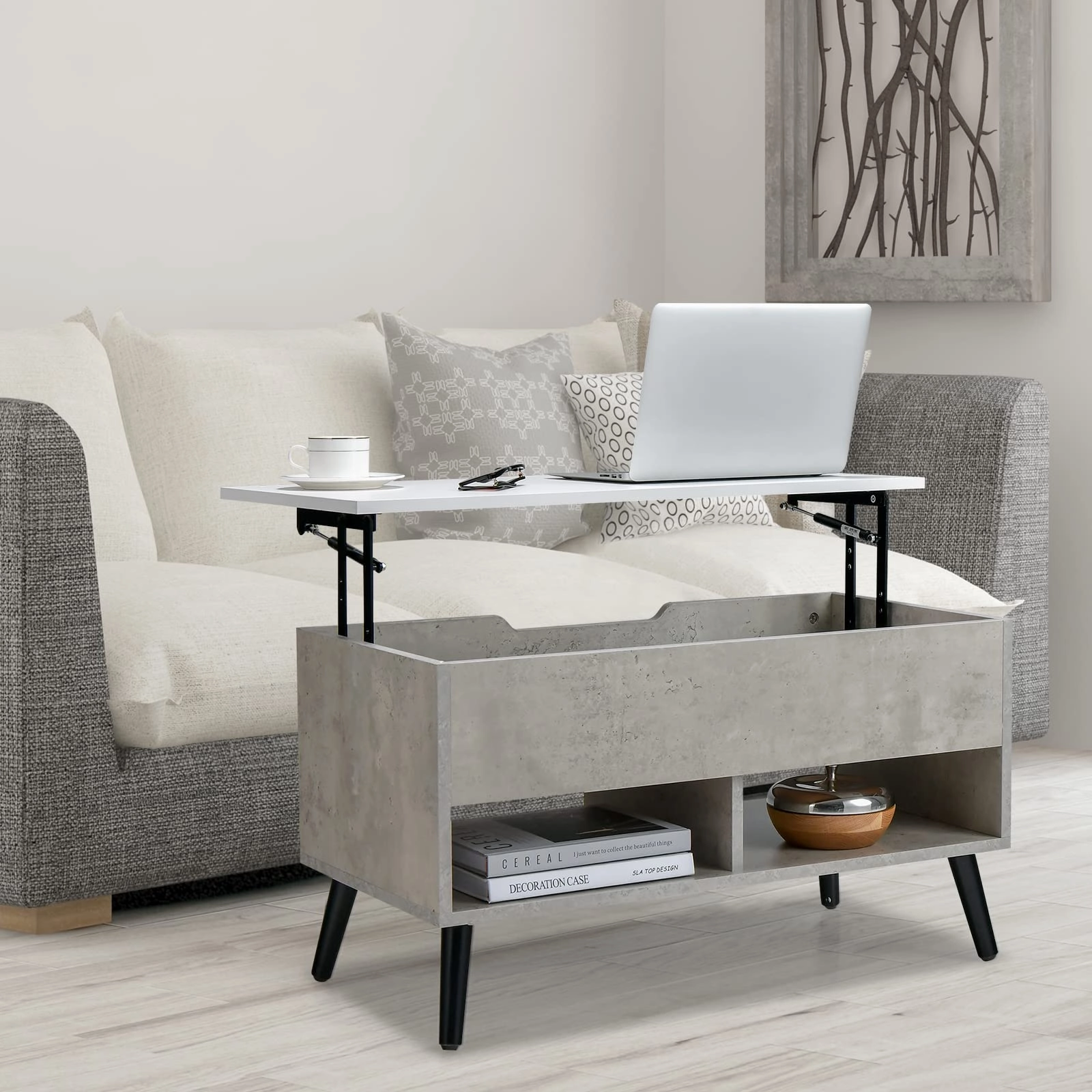 Giantex Lift Top Coffee Table, Modern Cocktail Table w/Hidden Compartment & 2 Open Shelves