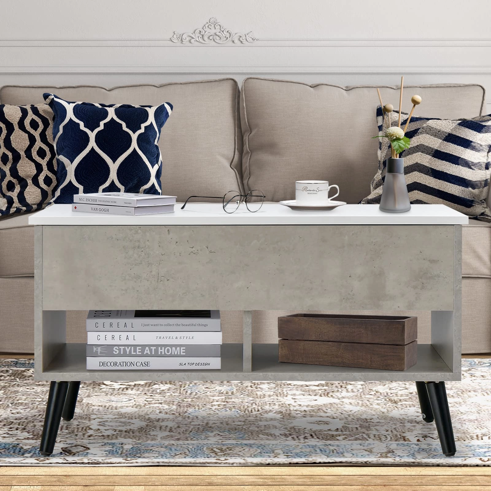 Giantex Lift Top Coffee Table, Modern Cocktail Table w/Hidden Compartment & 2 Open Shelves