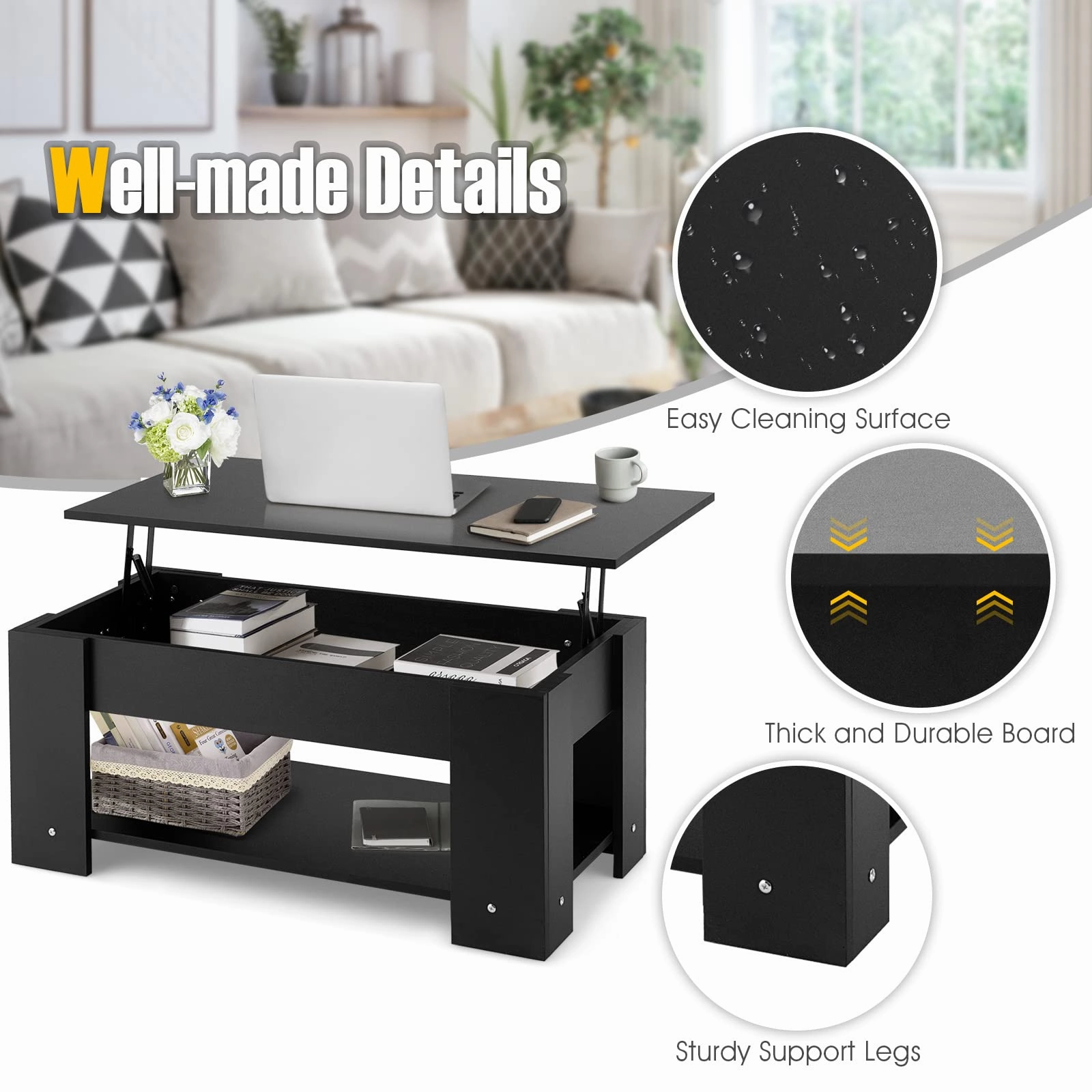 Giantex Lift Top Coffee Table, Modern Cocktail Table w/Hidden Compartment & Open Storage Shelf