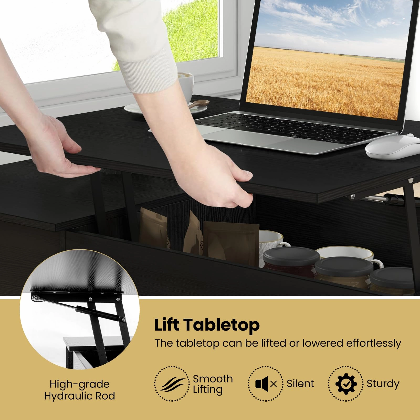 Giantex Lift Top Coffee Table, Modern Cocktail Table with Hidden Compartment, Open Shelf & Cabinet