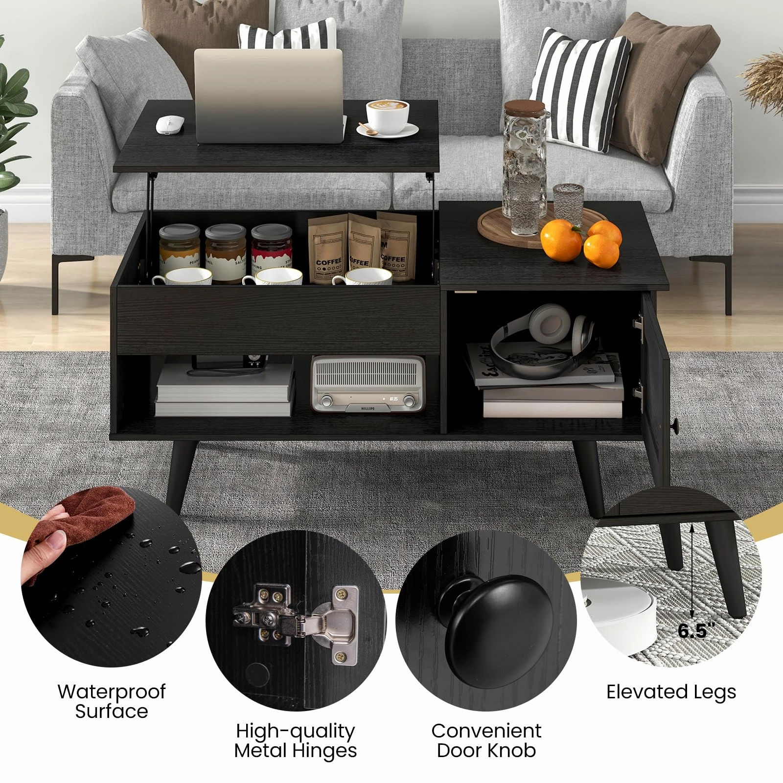 Giantex Lift Top Coffee Table, Modern Cocktail Table with Hidden Compartment, Open Shelf & Cabinet