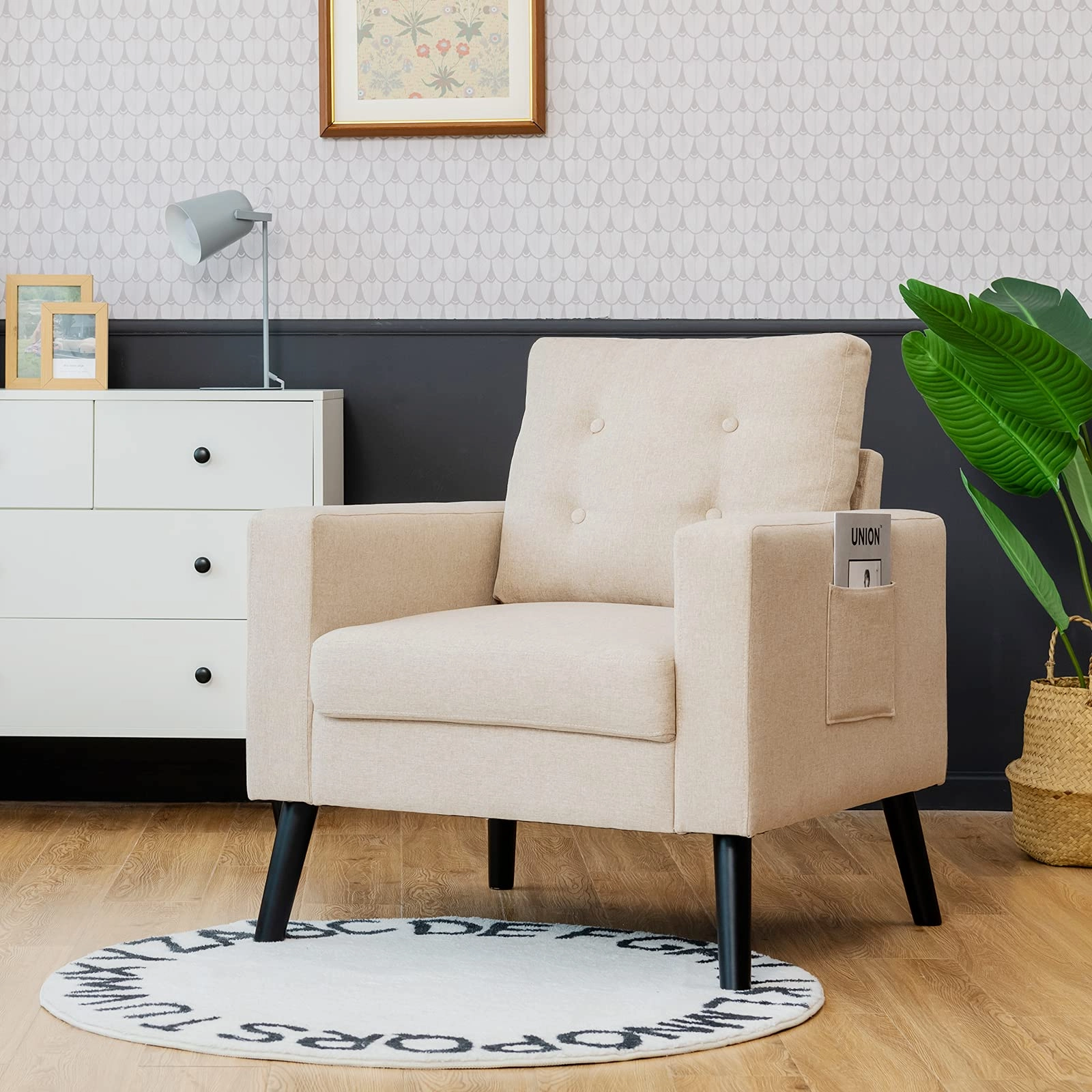 Giantex Linen Fabric Armchairs with Side Pockets and Wood Legs, Set of 2