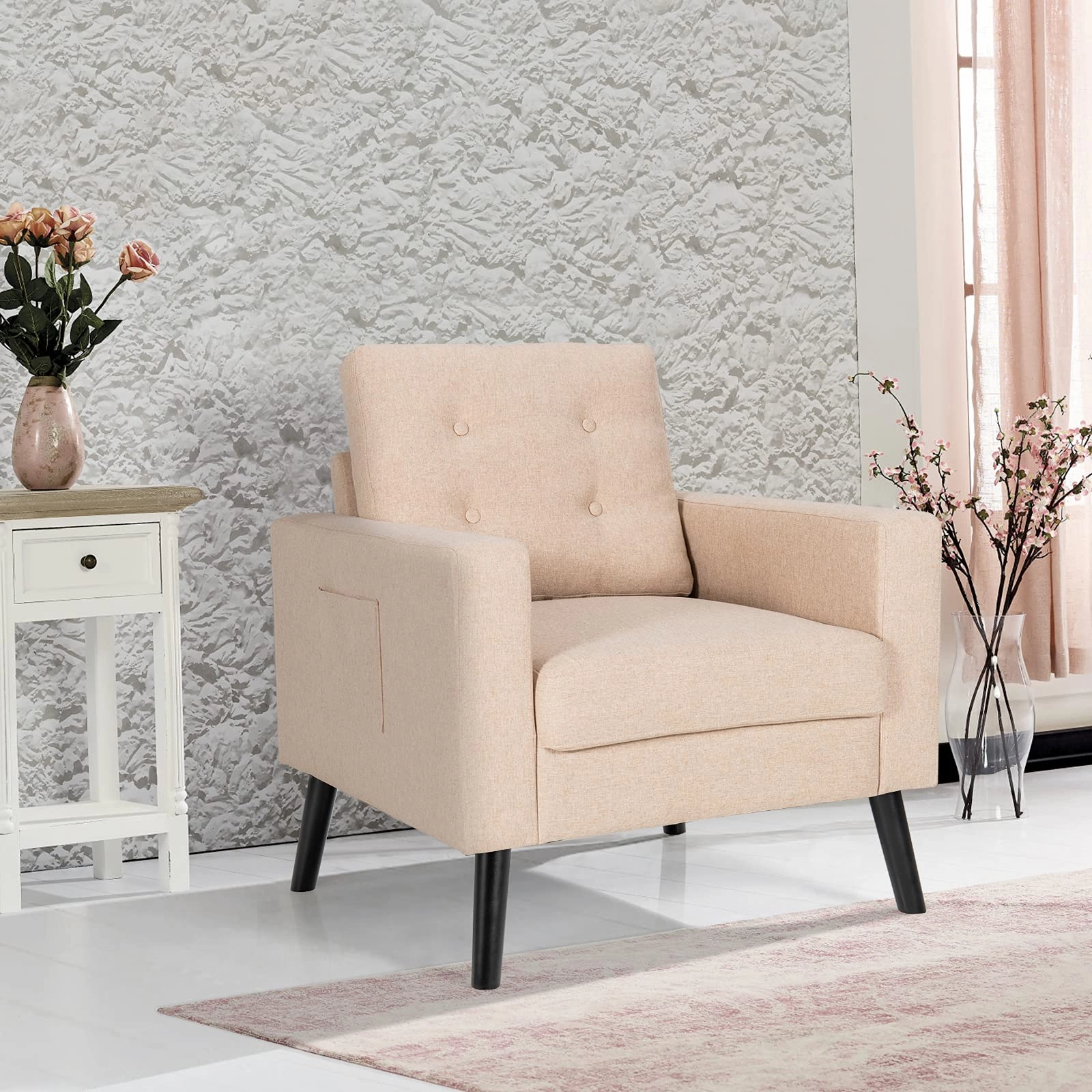 Giantex Linen Fabric Armchairs with Side Pockets and Wood Legs, Set of 2