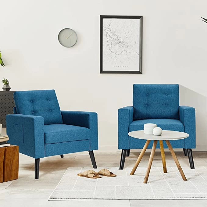 Giantex Linen Fabric Armchairs with Side Pockets and Wood Legs, Set of 2