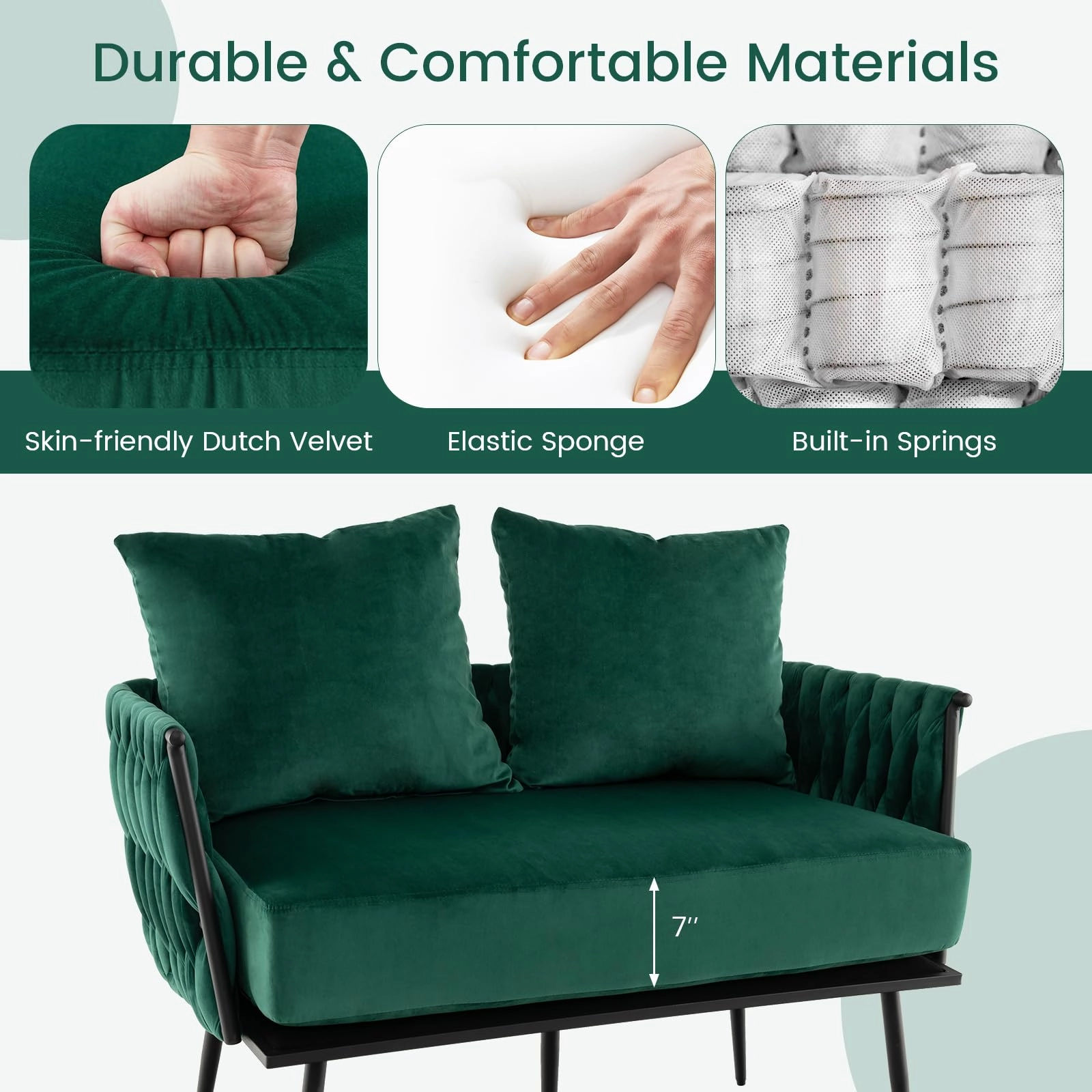 Giantex Loveseat Sofa, Upholstered 2 Seat Sofa Couch with Dutch Velvet, Woven Back and Arms, 2 Pillows