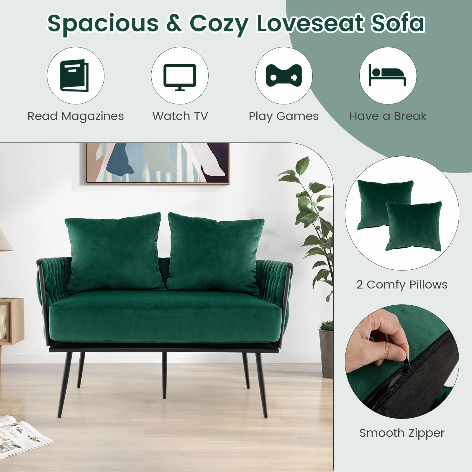 Giantex Loveseat Sofa, Upholstered 2 Seat Sofa Couch with Dutch Velvet, Woven Back and Arms, 2 Pillows