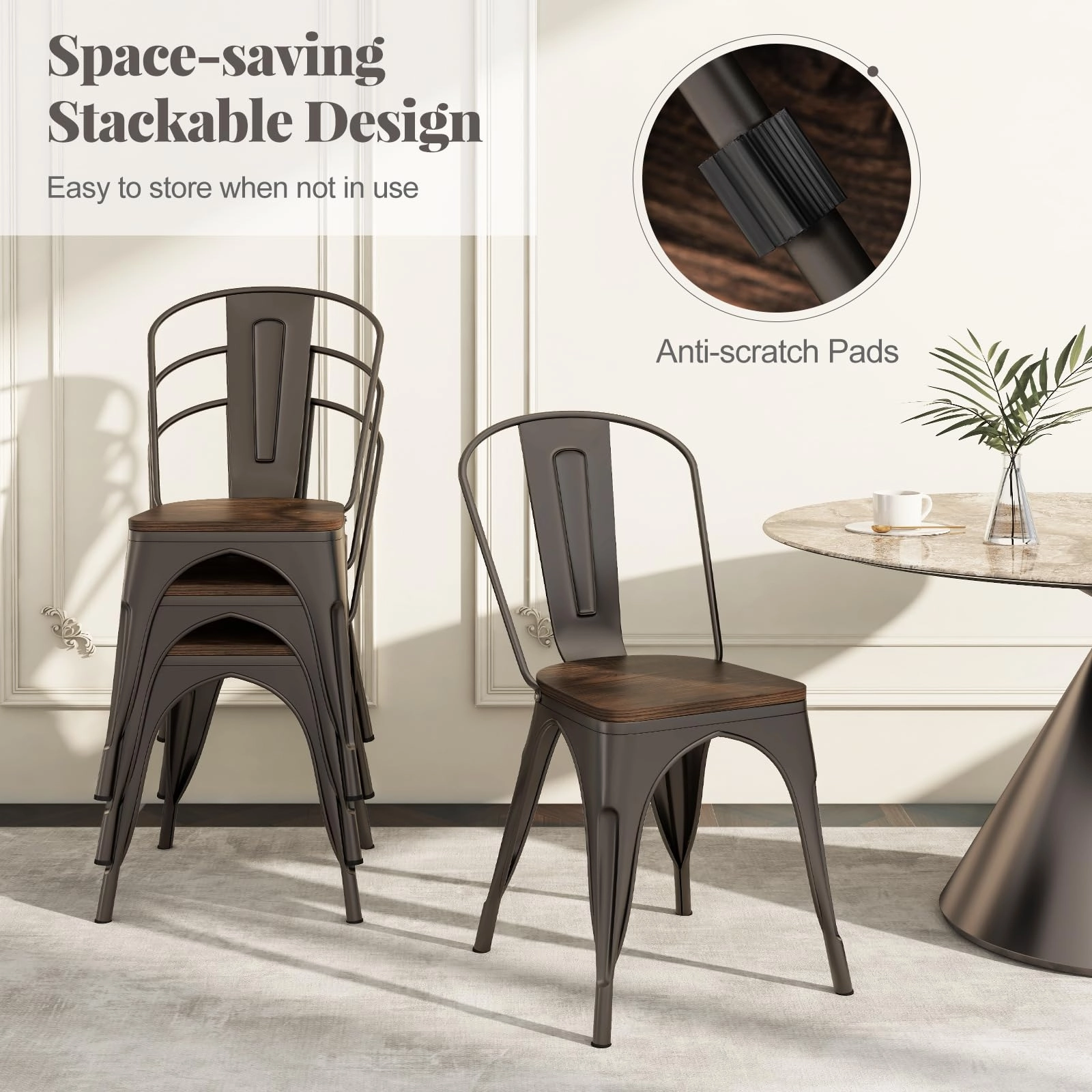 Giantex Metal Dining Chairs Set of 4, Stackable Kitchen Chairs with Wood Seat & Removable Backrest