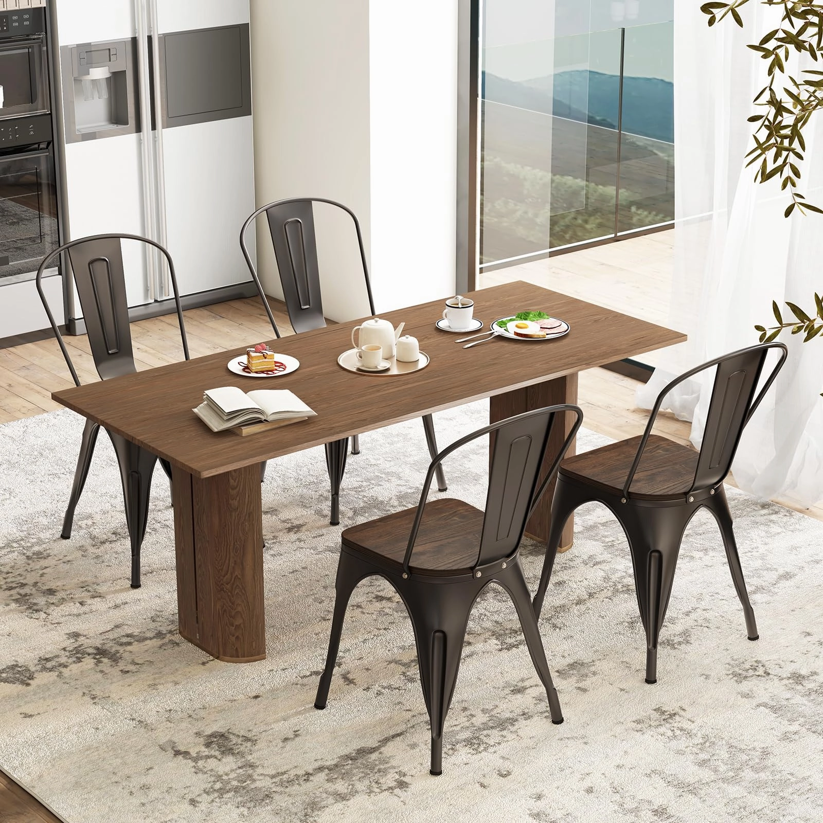 Giantex Metal Dining Chairs Set of 4, Stackable Kitchen Chairs with Wood Seat & Removable Backrest