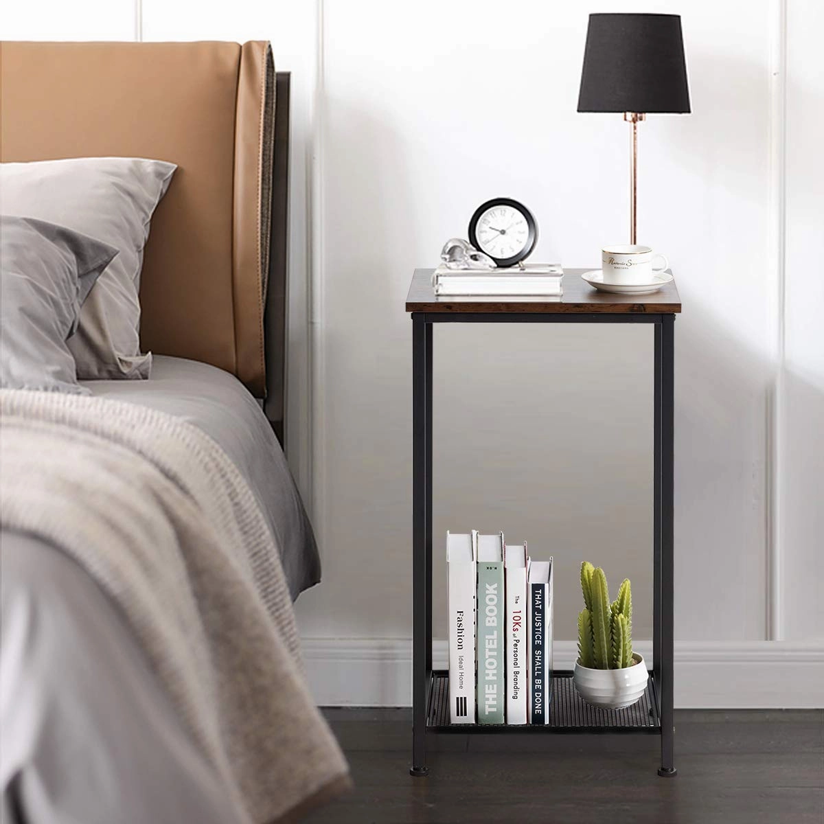 Giantex Metal Frame and Storage Shelf Narrow Nightstand for Living Room, Bedroom Accent Furniture Sofa SideTable (1, Rustic Brown)