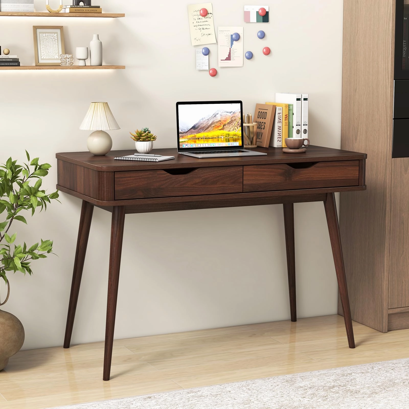 Giantex Mid-Century Desk with 2 Drawers, 43.5" Writing Study Desk with Solid Rubber Wood Legs