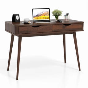 Giantex Mid-Century Desk with 2 Drawers, 43.5" Writing Study Desk with Solid Rubber Wood Legs patio decor, garden accessories