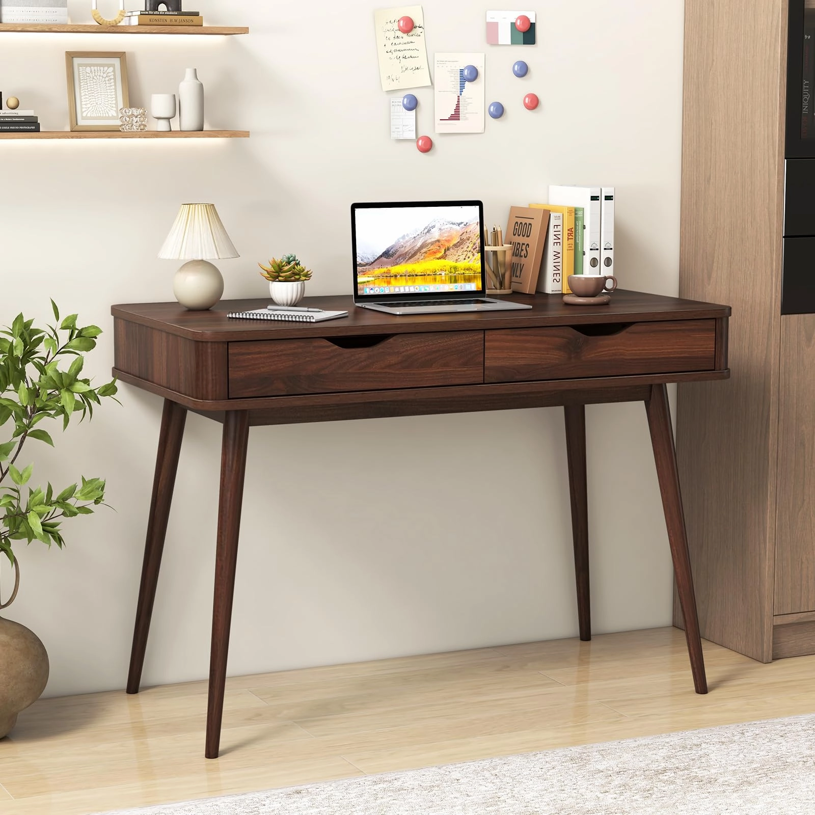Giantex Mid-Century Desk with 2 Drawers, 43.5" Writing Study Desk with Solid Rubber Wood Legs
