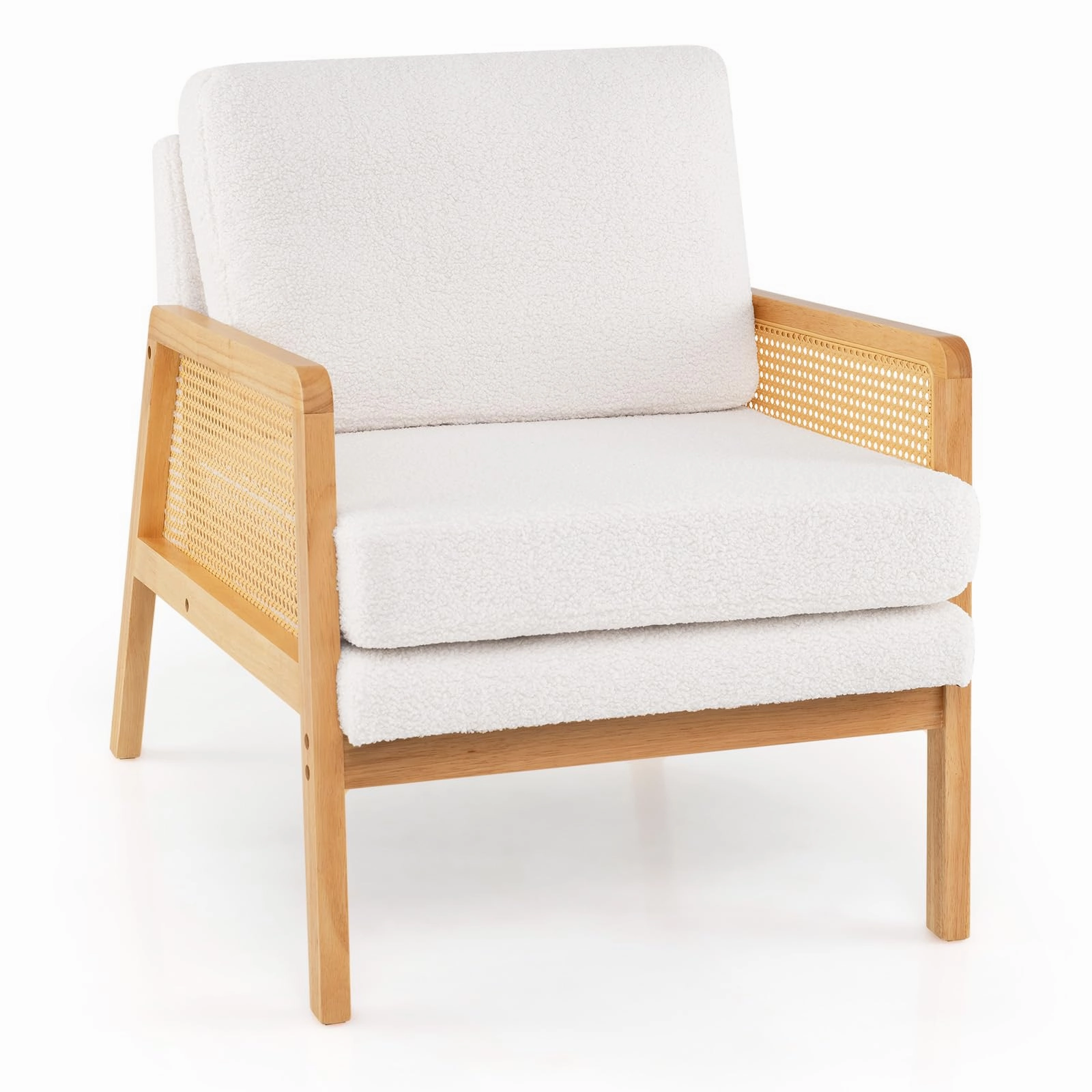 Giantex Mid Century Modern Accent Chair, Boho Boucle Living Room Arm Chair w/Rattan Arms