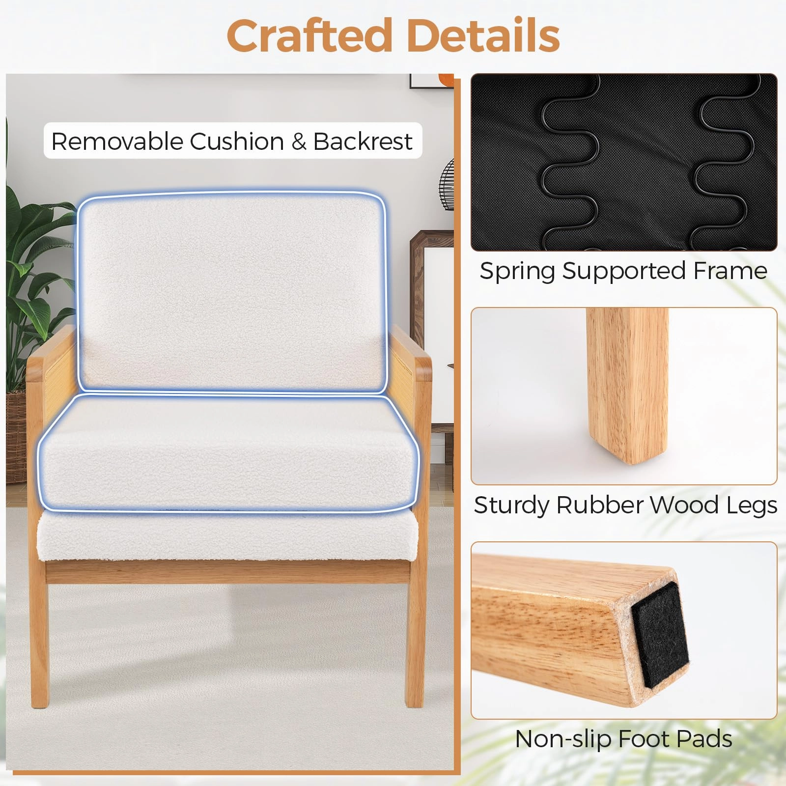 Giantex Mid Century Modern Accent Chair, Boho Boucle Living Room Arm Chair w/Rattan Arms