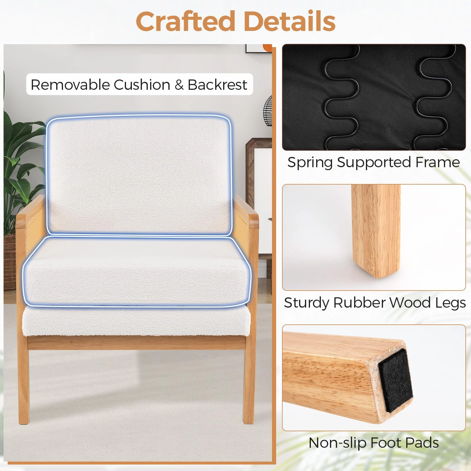 Giantex Mid Century Modern Accent Chair, Boho Boucle Living Room Arm Chair w/Rattan Arms