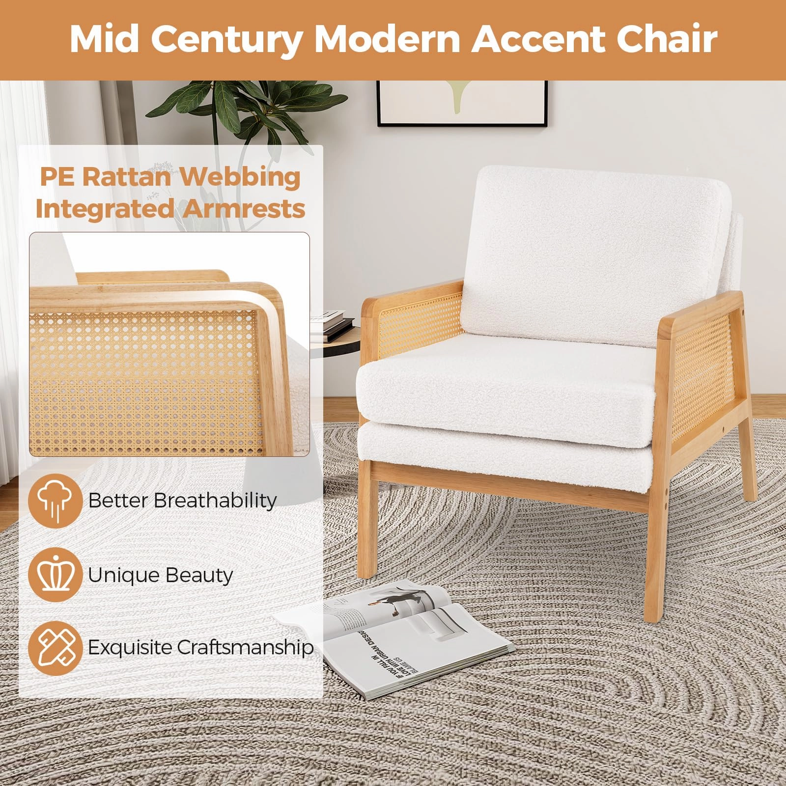 Giantex Mid Century Modern Accent Chair, Boho Boucle Living Room Arm Chair w/Rattan Arms
