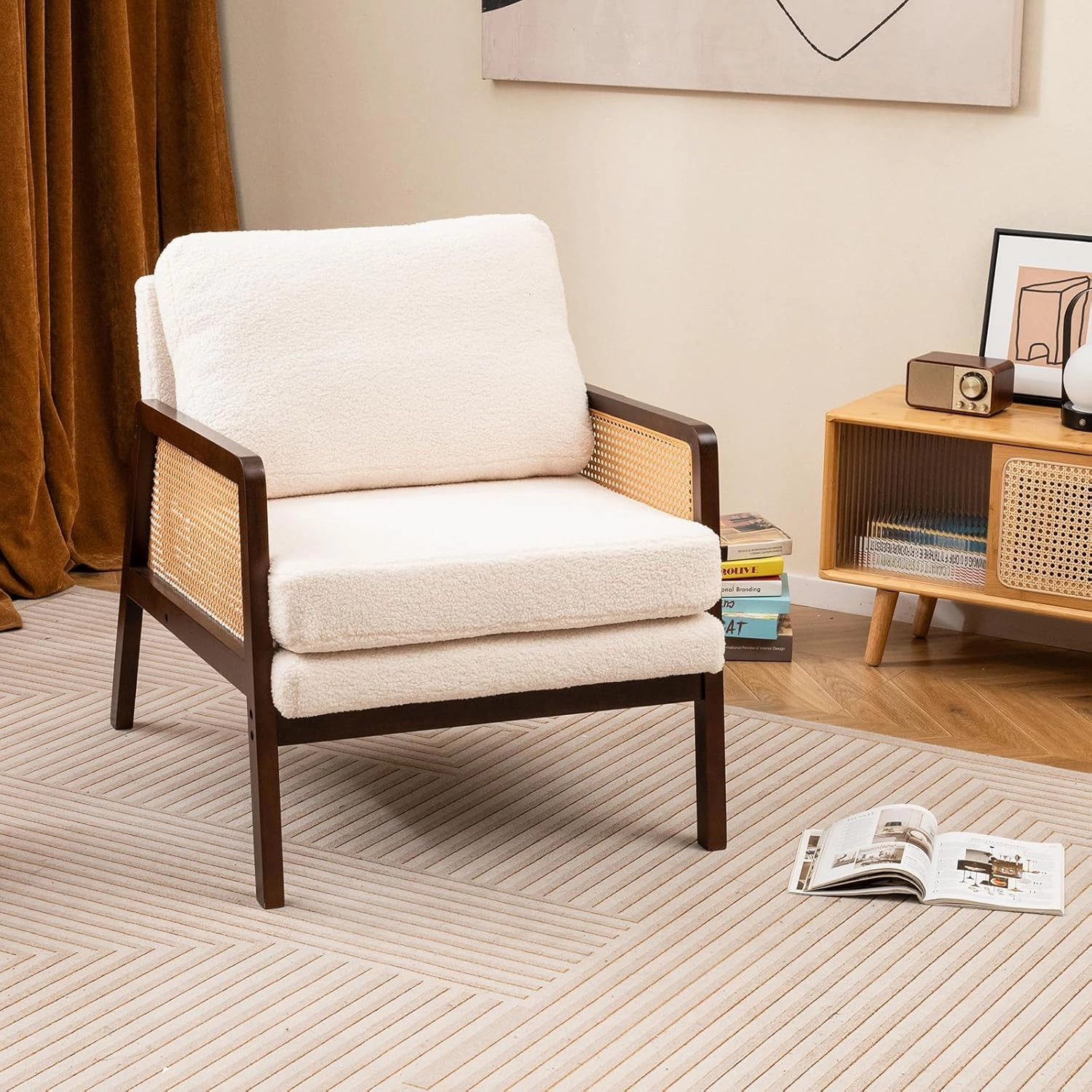 Giantex Mid Century Modern Accent Chair, Boho Boucle Living Room Arm Chair w/Rattan Arms