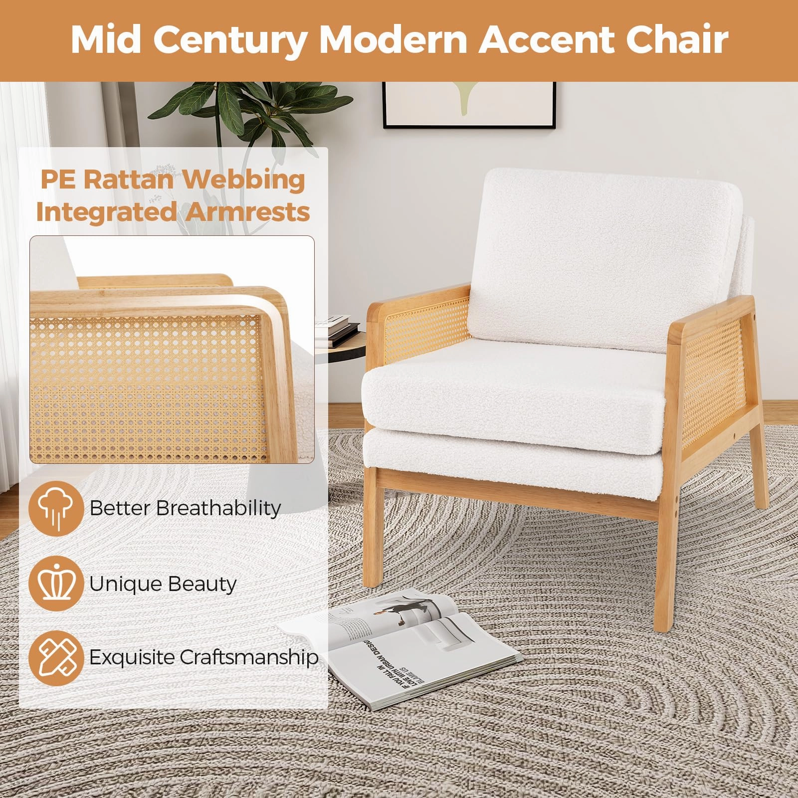 Giantex Mid Century Modern Accent Chair, Boho Boucle Living Room Arm Chair w/Rattan Arms