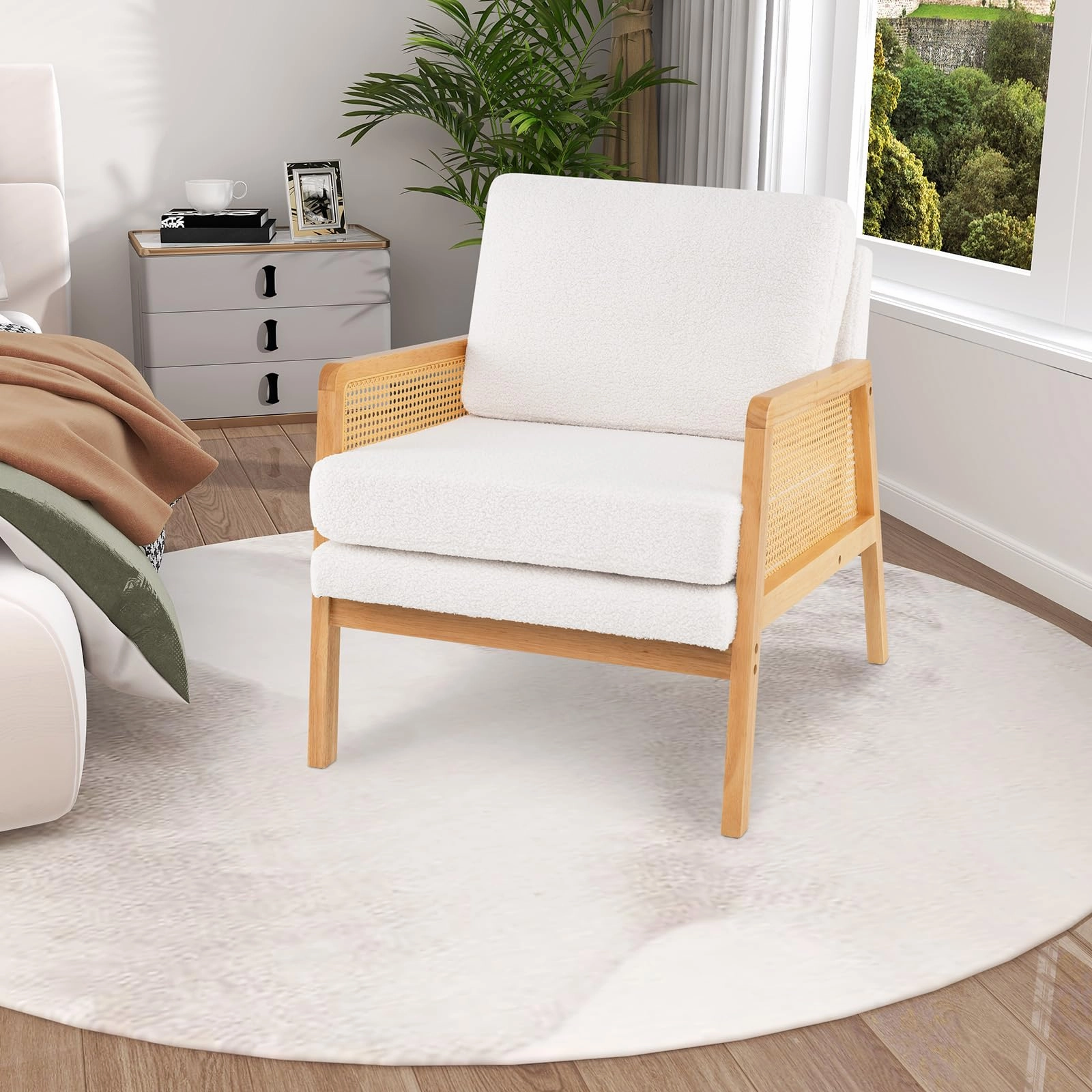 Giantex Mid Century Modern Accent Chair, Boho Boucle Living Room Arm Chair w/Rattan Arms