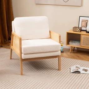 Giantex Mid Century Modern Accent Chair, Boho Boucle Living Room Arm Chair w/Rattan Arms sectional sofa, corner couch