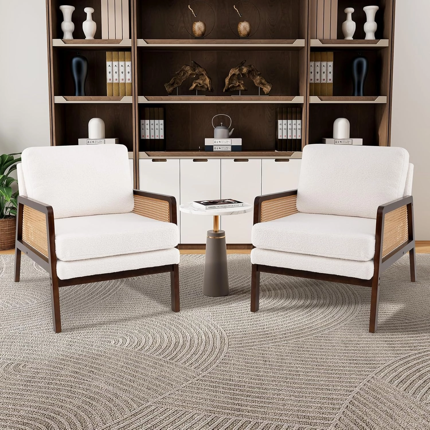 Giantex Mid Century Modern Accent Chair, Boho Boucle Living Room Arm Chair w/Rattan Arms