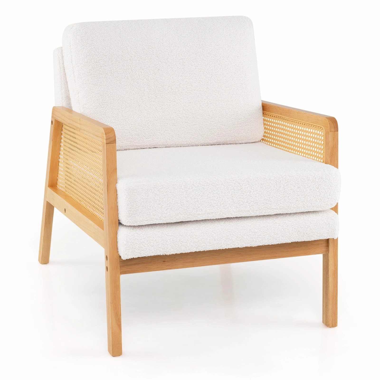 Giantex Mid Century Modern Accent Chair, Boho Boucle Living Room Arm Chair w/Rattan Arms