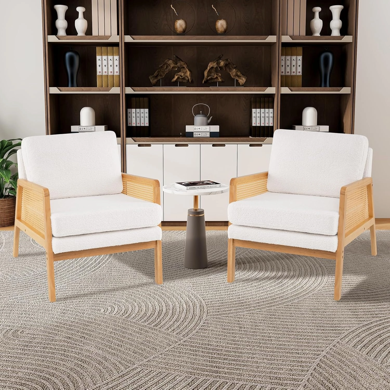 Giantex Mid Century Modern Accent Chair, Boho Boucle Living Room Arm Chair w/Rattan Arms