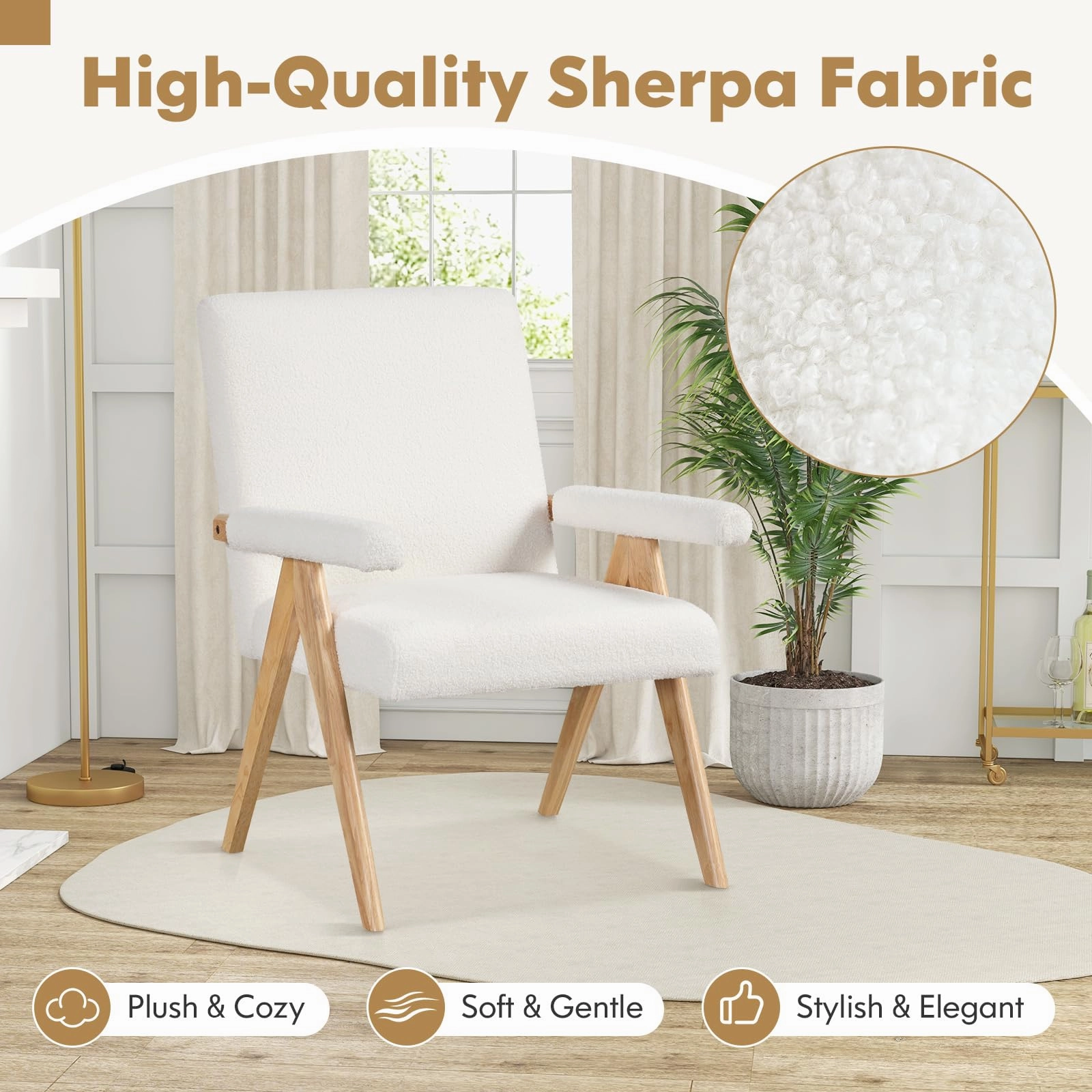 Giantex Mid-Century Modern Accent Chair, Sherpa Fabric Reading Chair with Padded Armrests