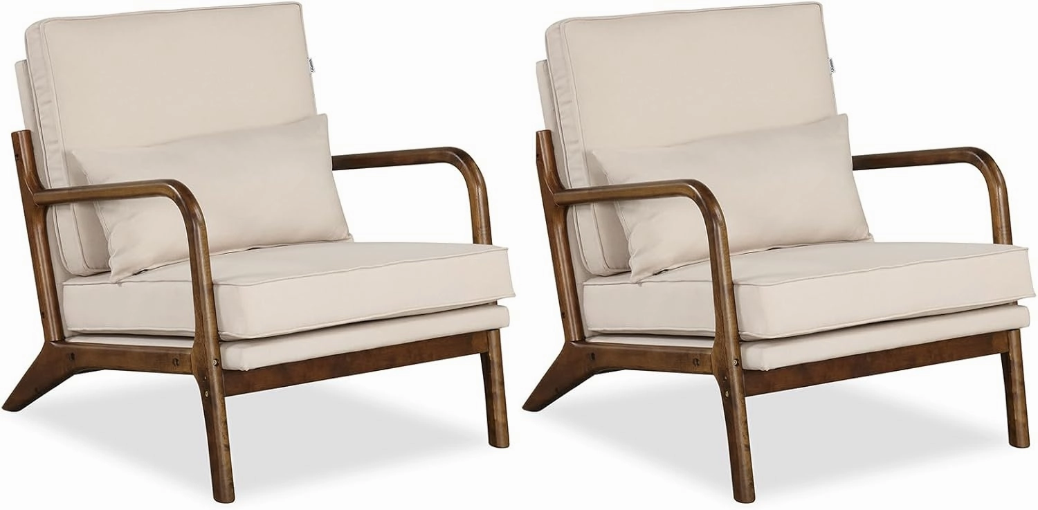 Giantex Mid Century Modern Accent Chair, Upholstered Armchair with Pillow, Rubber Wood Armrests & Legs