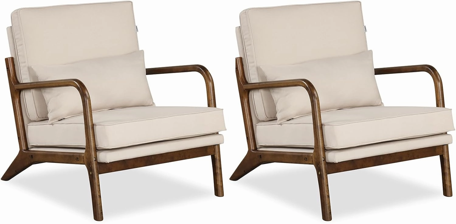 Giantex Mid Century Modern Accent Chair, Upholstered Armchair with Pillow, Rubber Wood Armrests & Legs