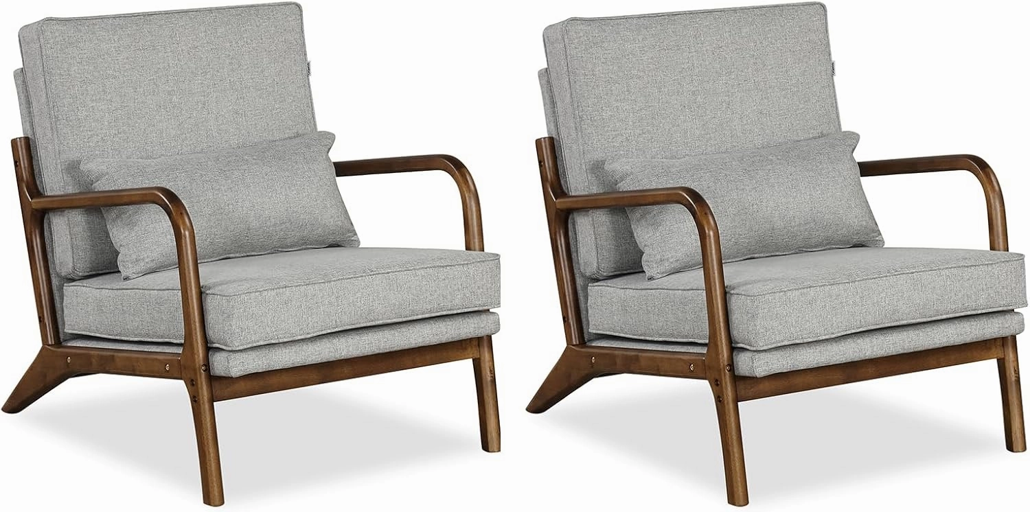 Giantex Mid Century Modern Accent Chair, Upholstered Armchair with Pillow, Rubber Wood Armrests & Legs