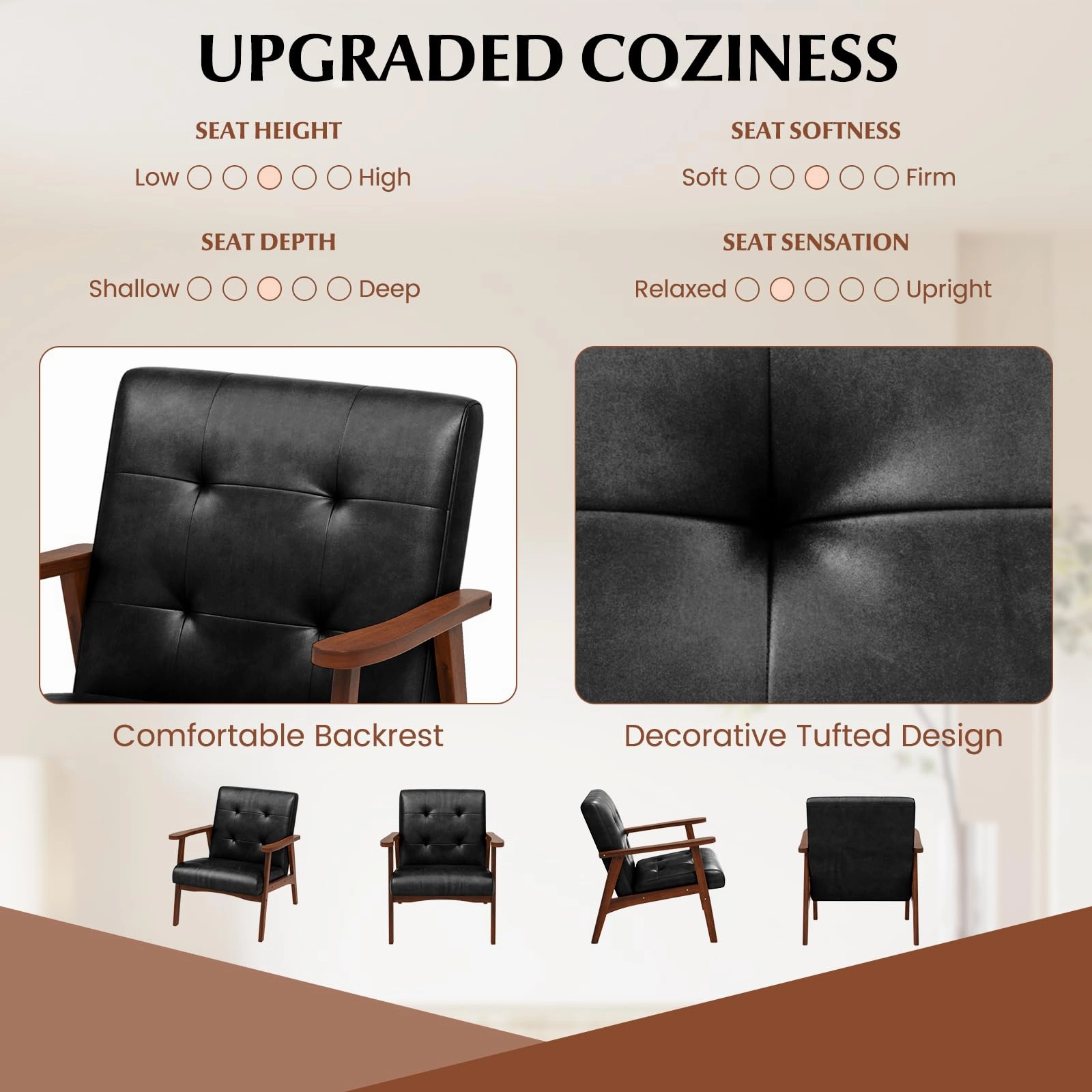 Giantex Mid Century Modern Accent Chair, Upholstered Tufted Armchair with Solid Rubber Wood Frame