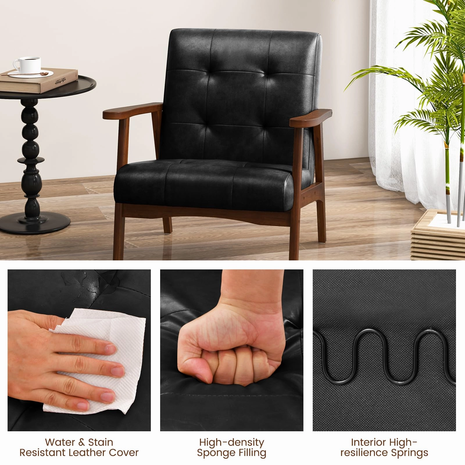 Giantex Mid Century Modern Accent Chair, Upholstered Tufted Armchair with Solid Rubber Wood Frame