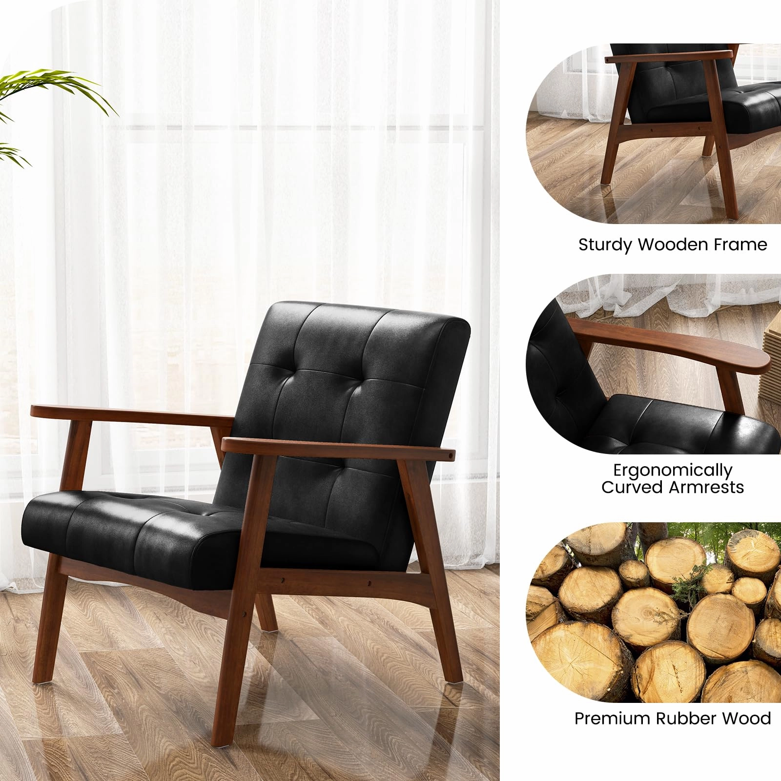 Giantex Mid Century Modern Accent Chair, Upholstered Tufted Armchair with Solid Rubber Wood Frame