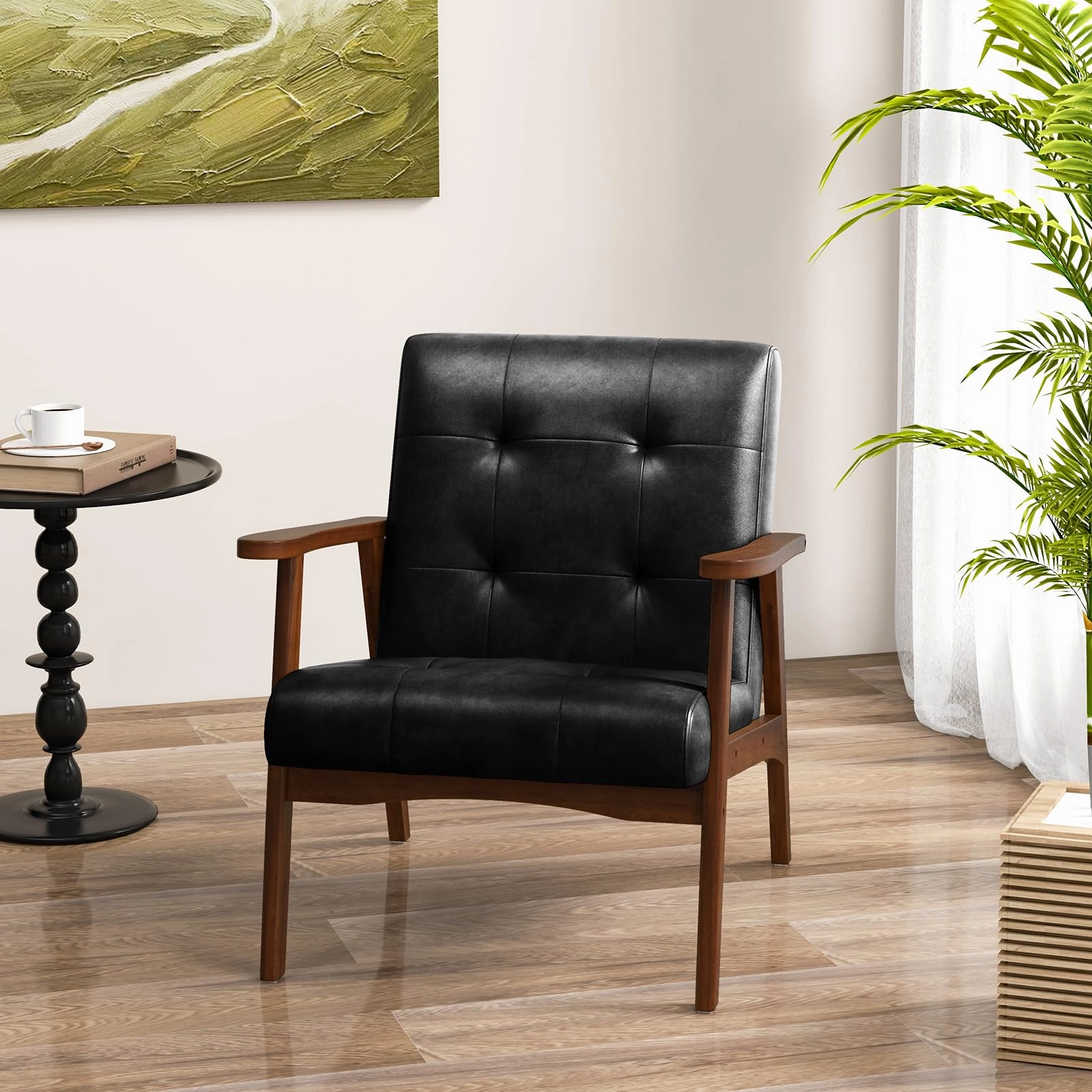 Giantex Mid Century Modern Accent Chair, Upholstered Tufted Armchair with Solid Rubber Wood Frame