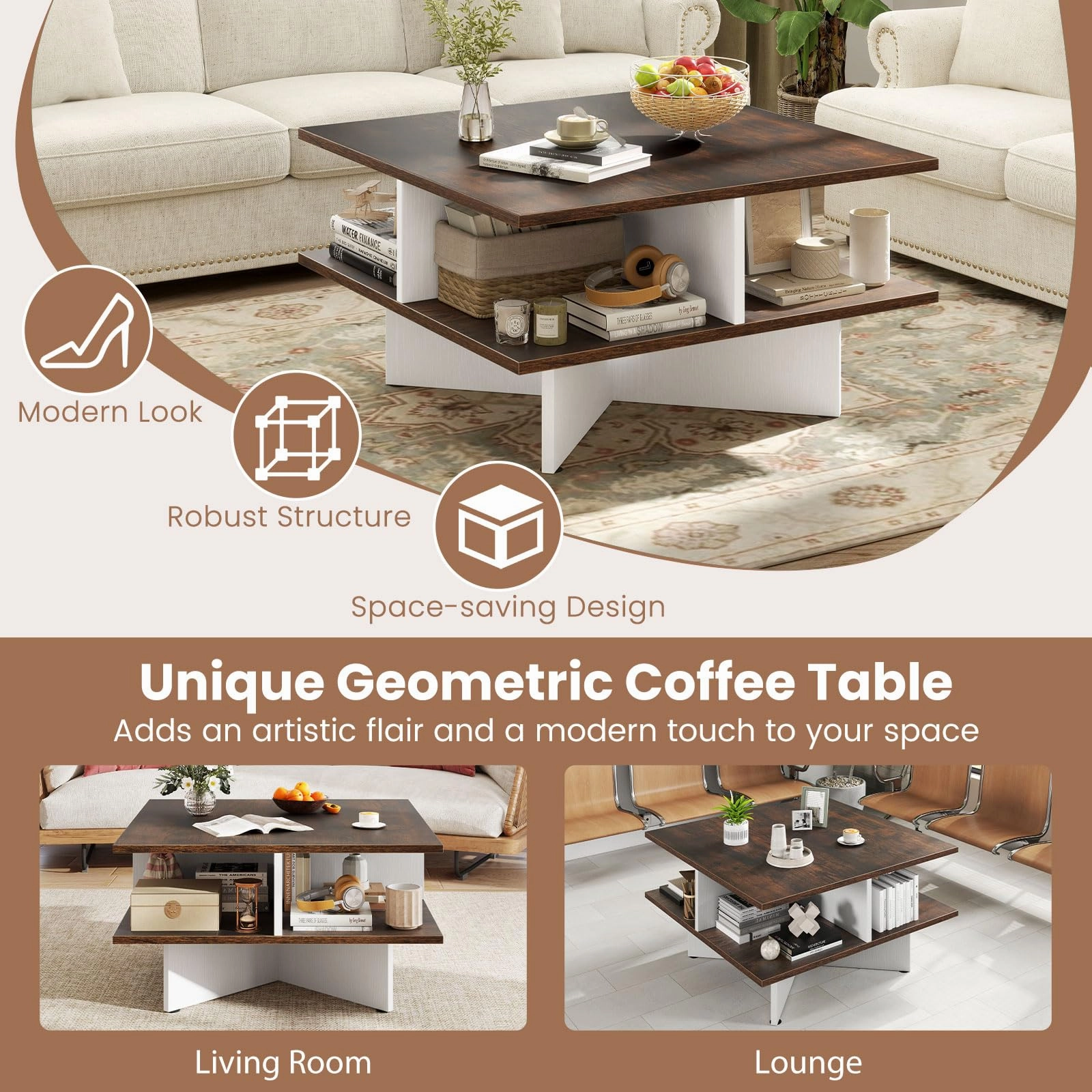 Giantex Mid Century Modern Center Table with 4 Storage Compartments