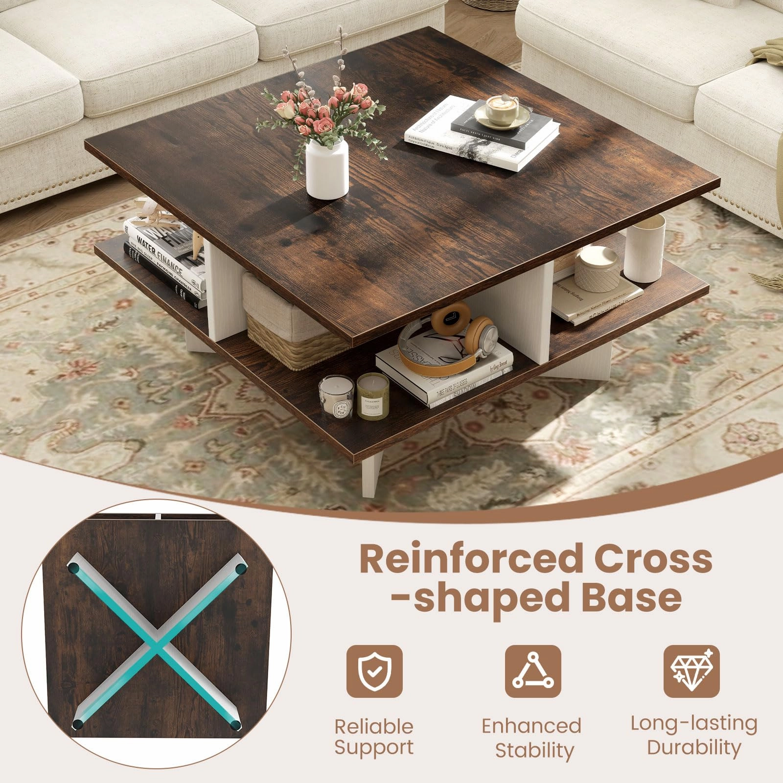 Giantex Mid Century Modern Center Table with 4 Storage Compartments