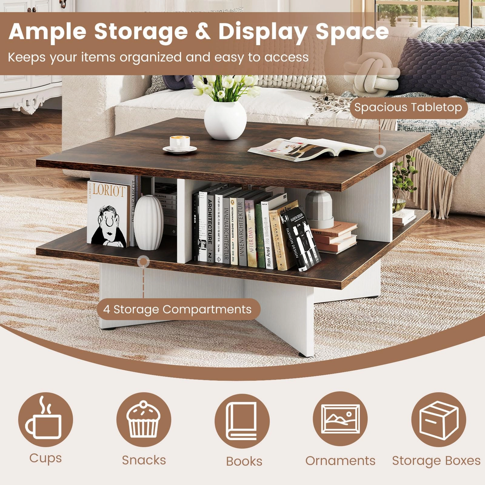 Giantex Mid Century Modern Center Table with 4 Storage Compartments