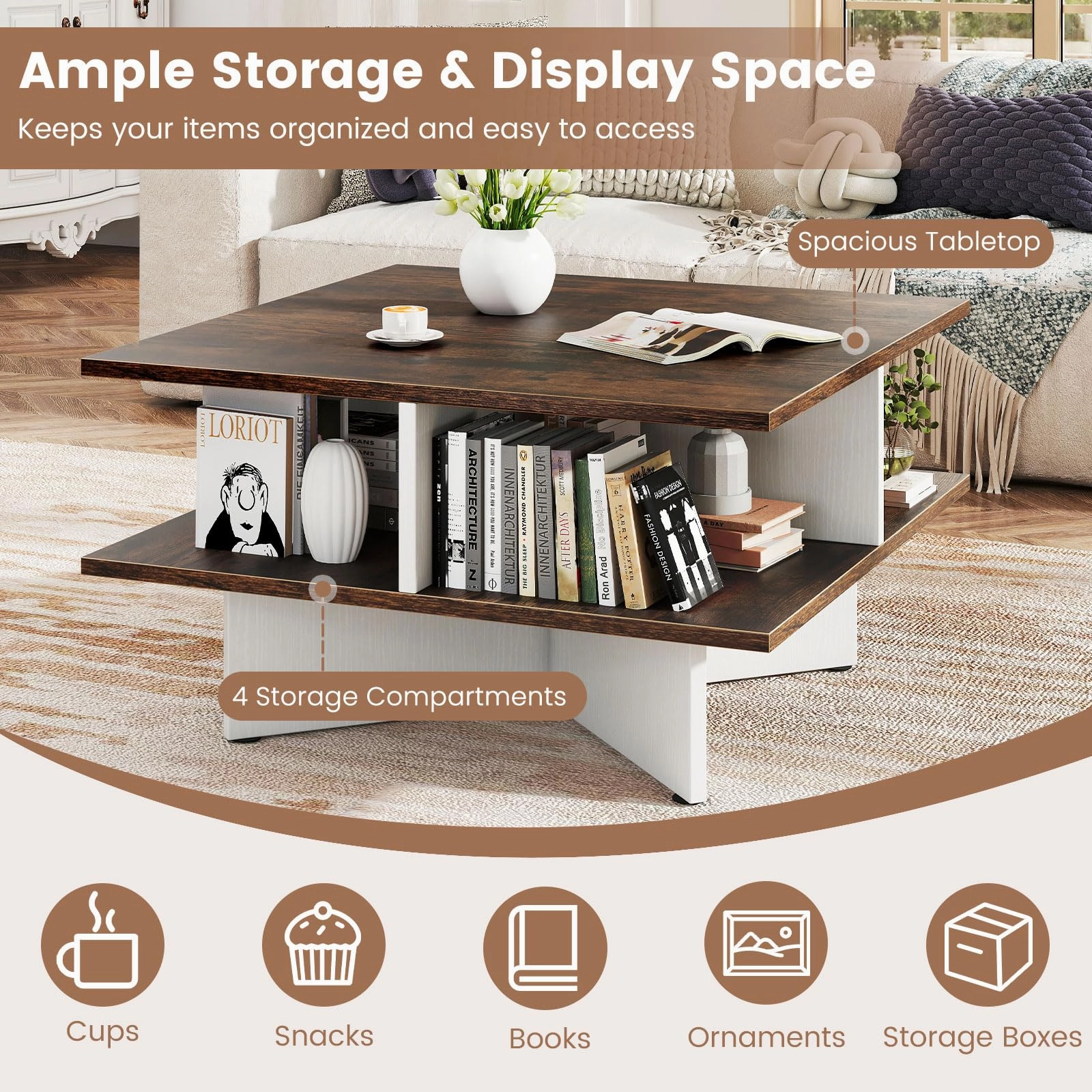 Giantex Mid Century Modern Center Table with 4 Storage Compartments