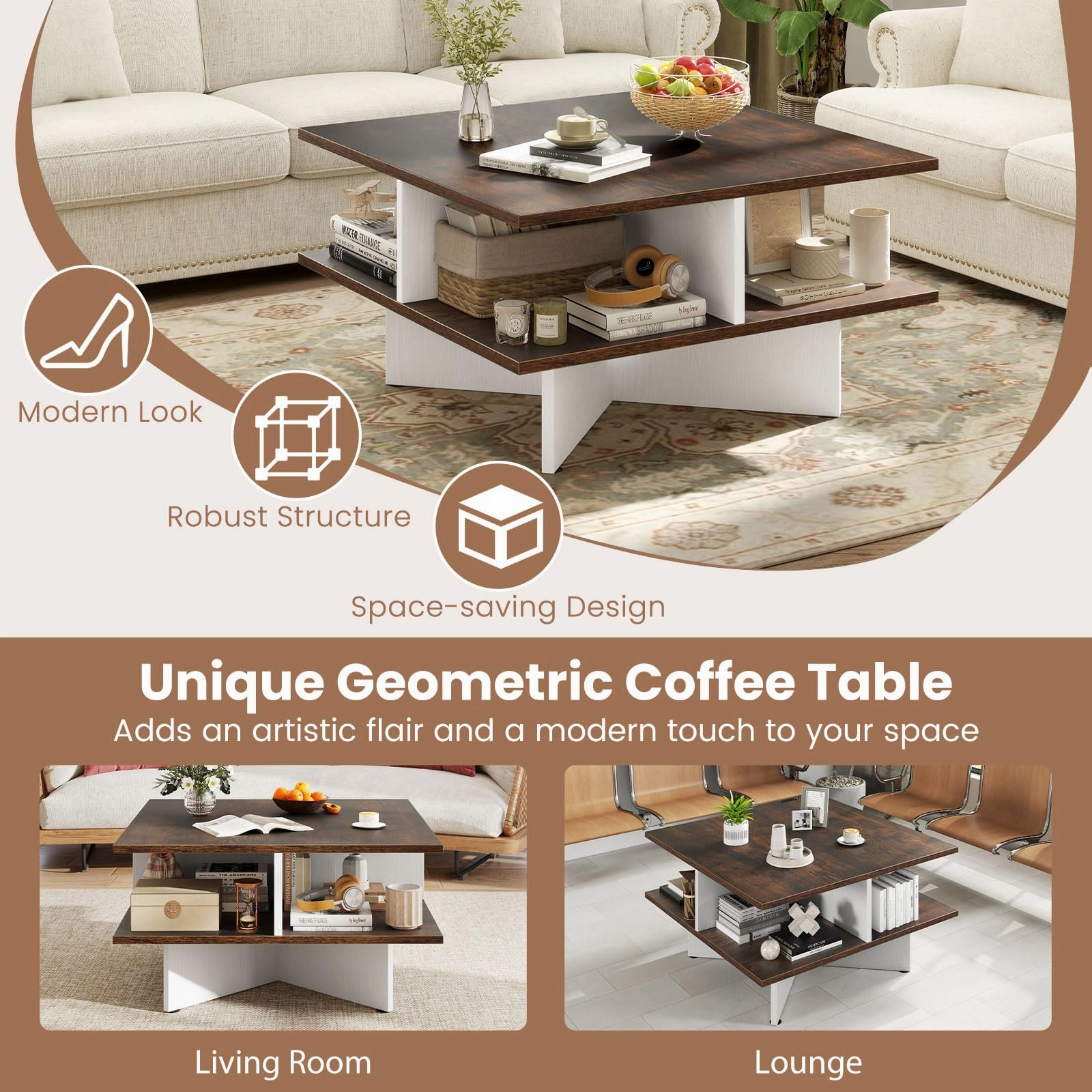 Giantex Mid Century Modern Center Table with 4 Storage Compartments