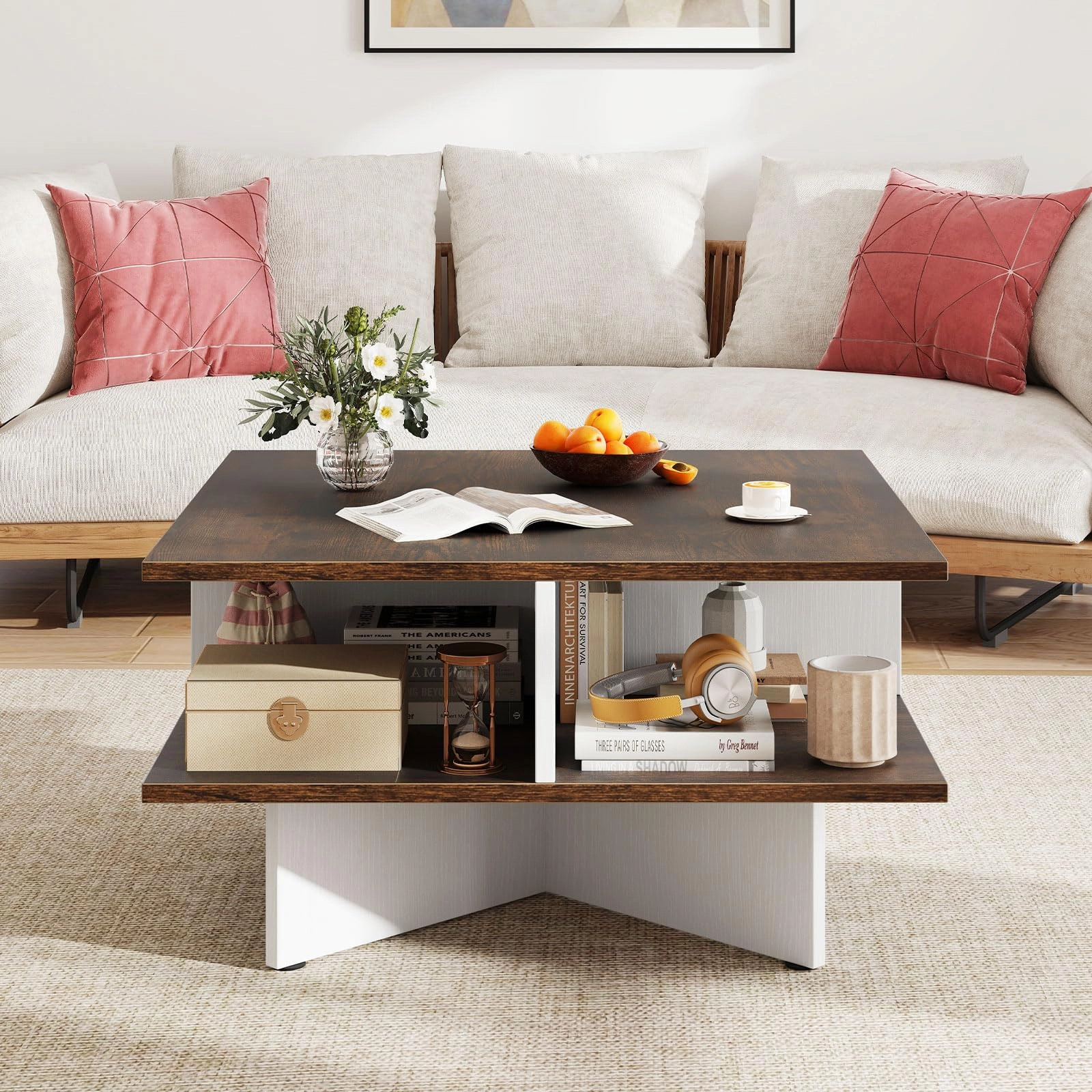Giantex Mid Century Modern Center Table with 4 Storage Compartments